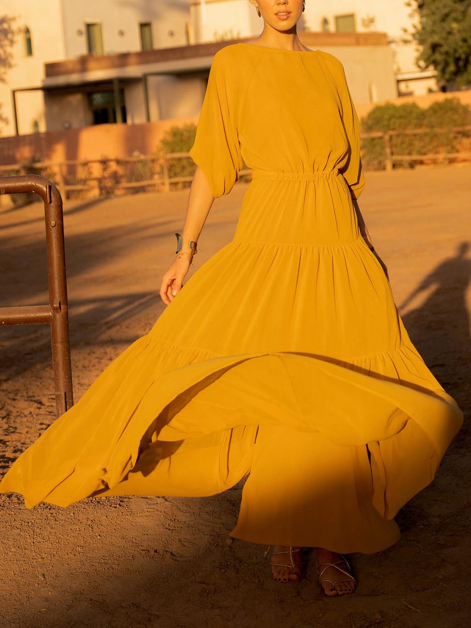 Elegant Round-Neck Long Lantern Sleeve Layered Chiffon Maxi Dress