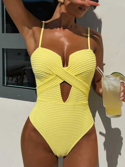Vertical Stripe Cutout Lace-Up One-Piece Swimsuit