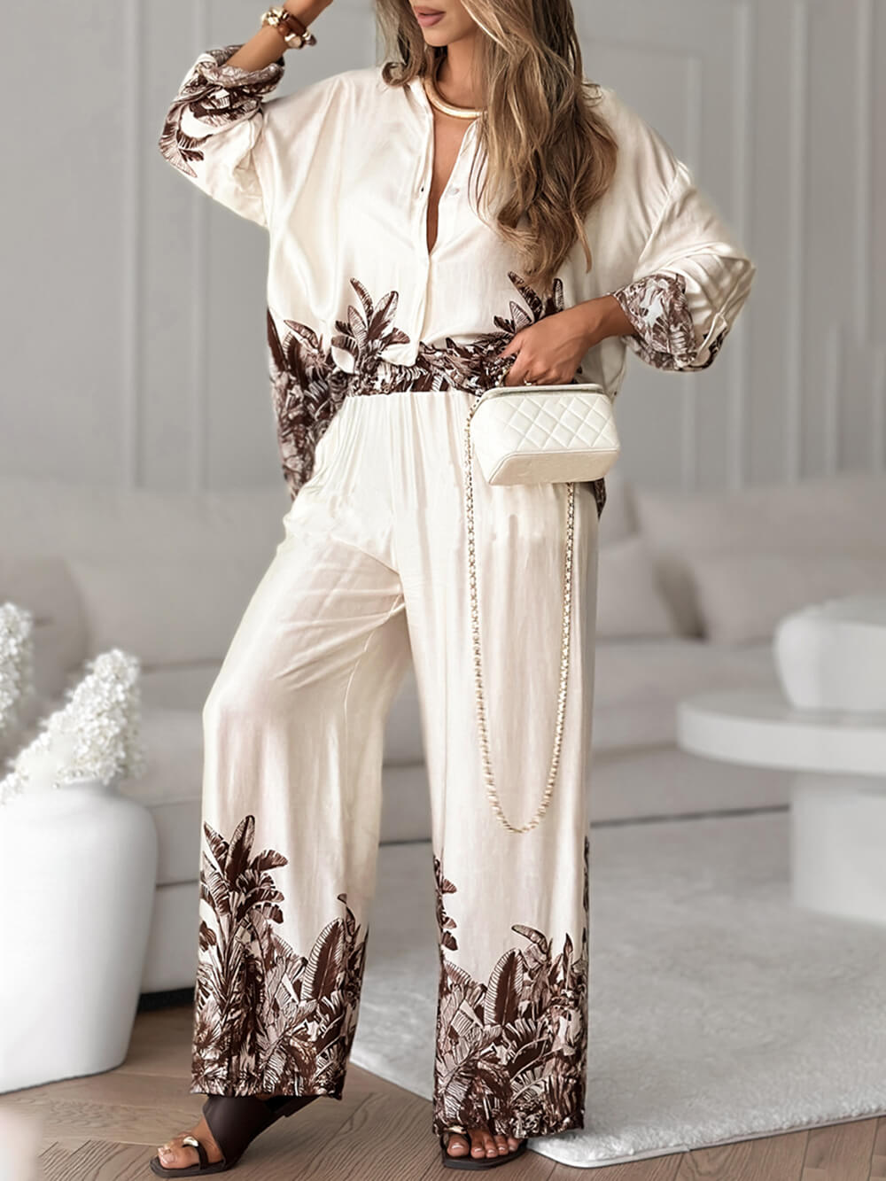 Casual Floral Print Elastic-Waist Wide-Leg Pants