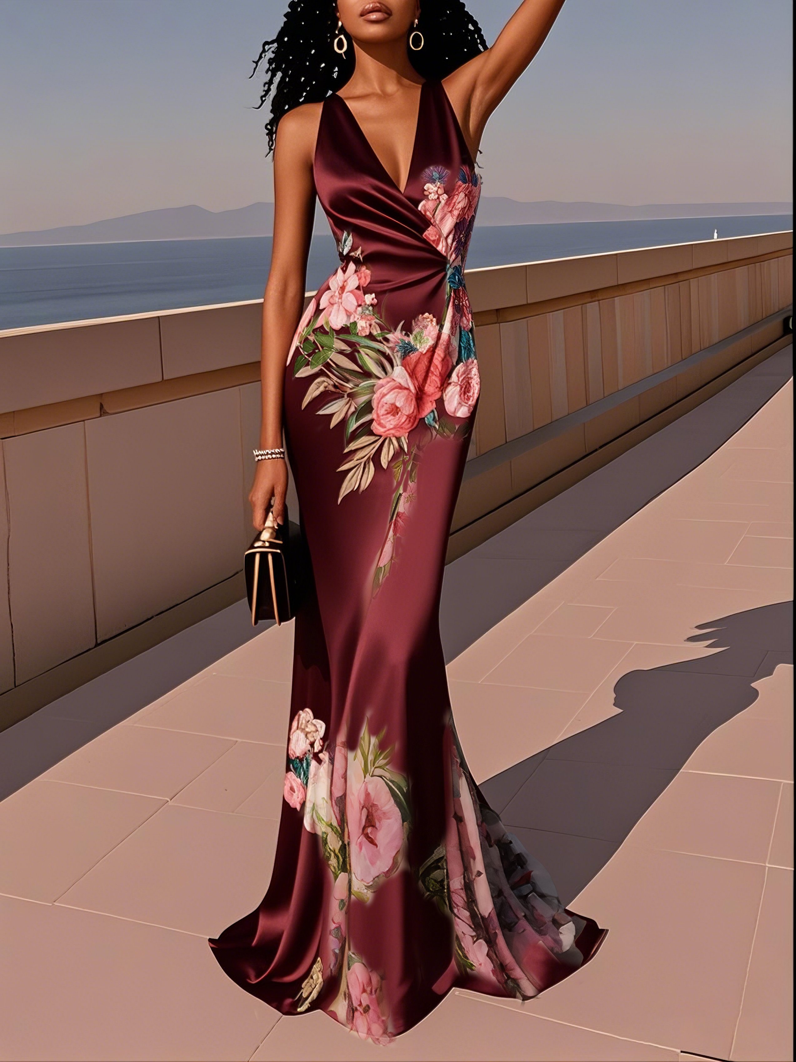 Elegant Floral Print Satin Mermaid Maxi Dress