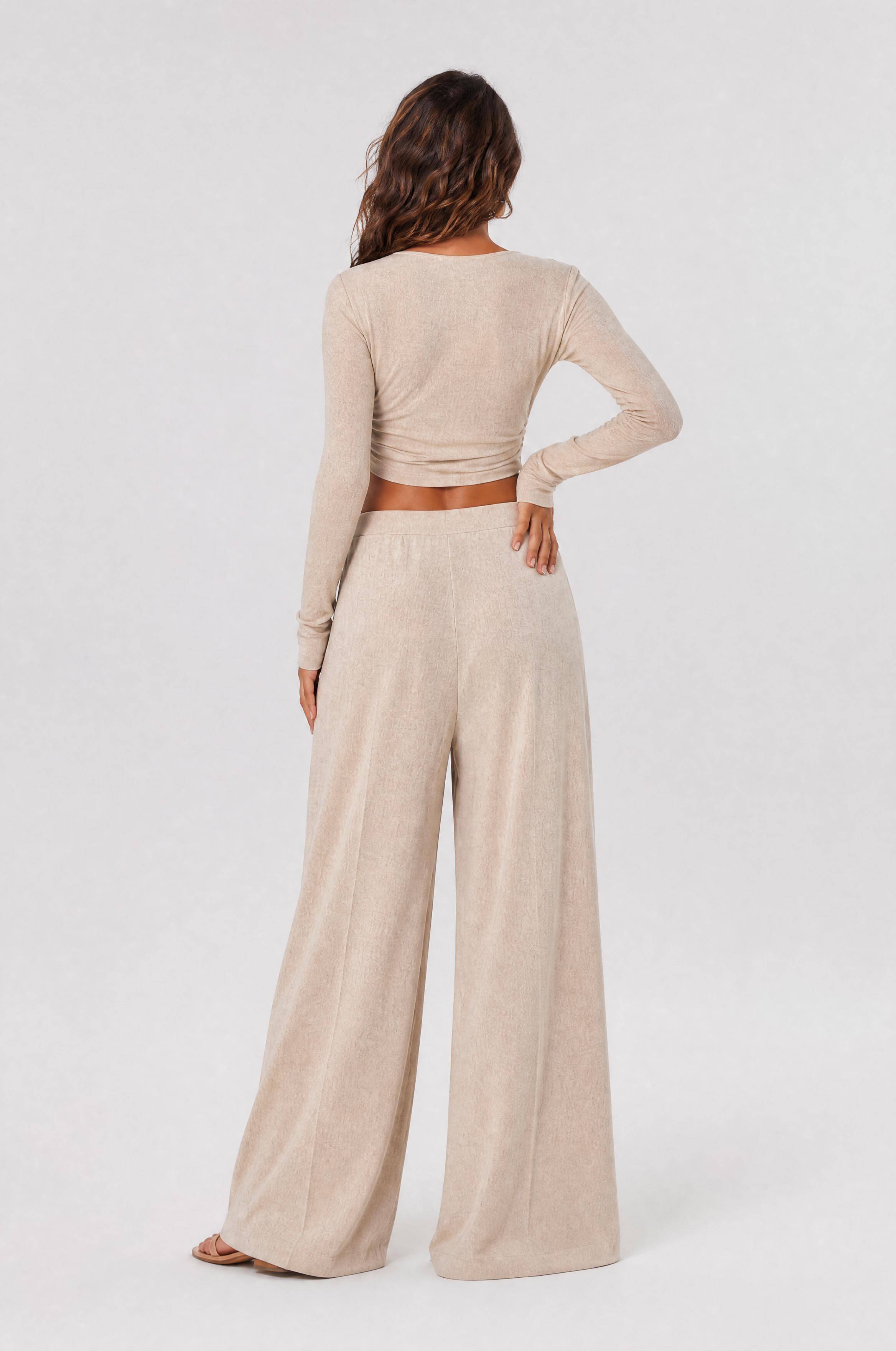 Tight-Waisted Short Long-Sleeved Top Pleated Linen Wide-Leg Pants Two-Piece Set