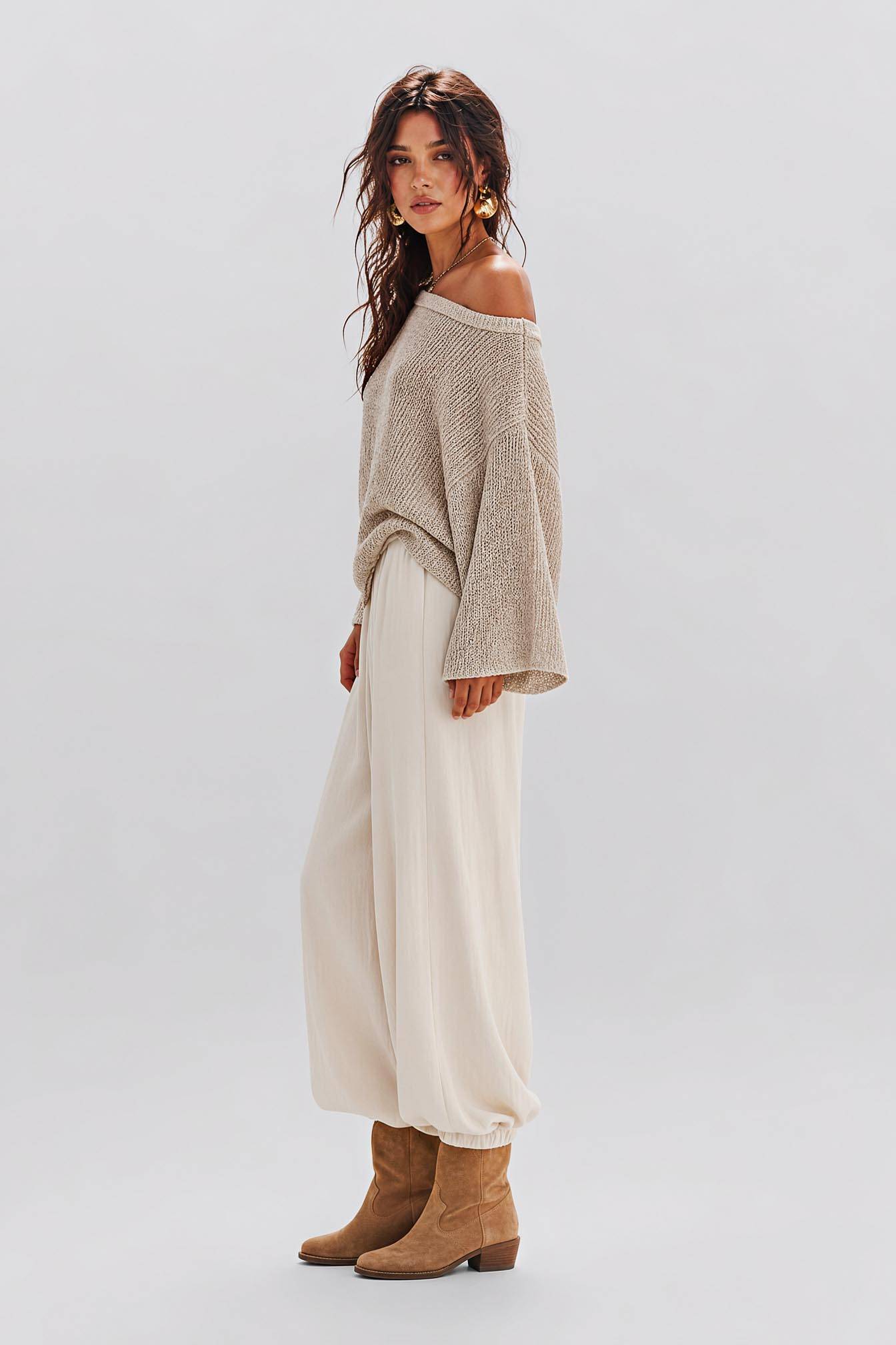 Knitted Shoulder Top High Waist Tunic Pants Holiday Daily Casual Suit