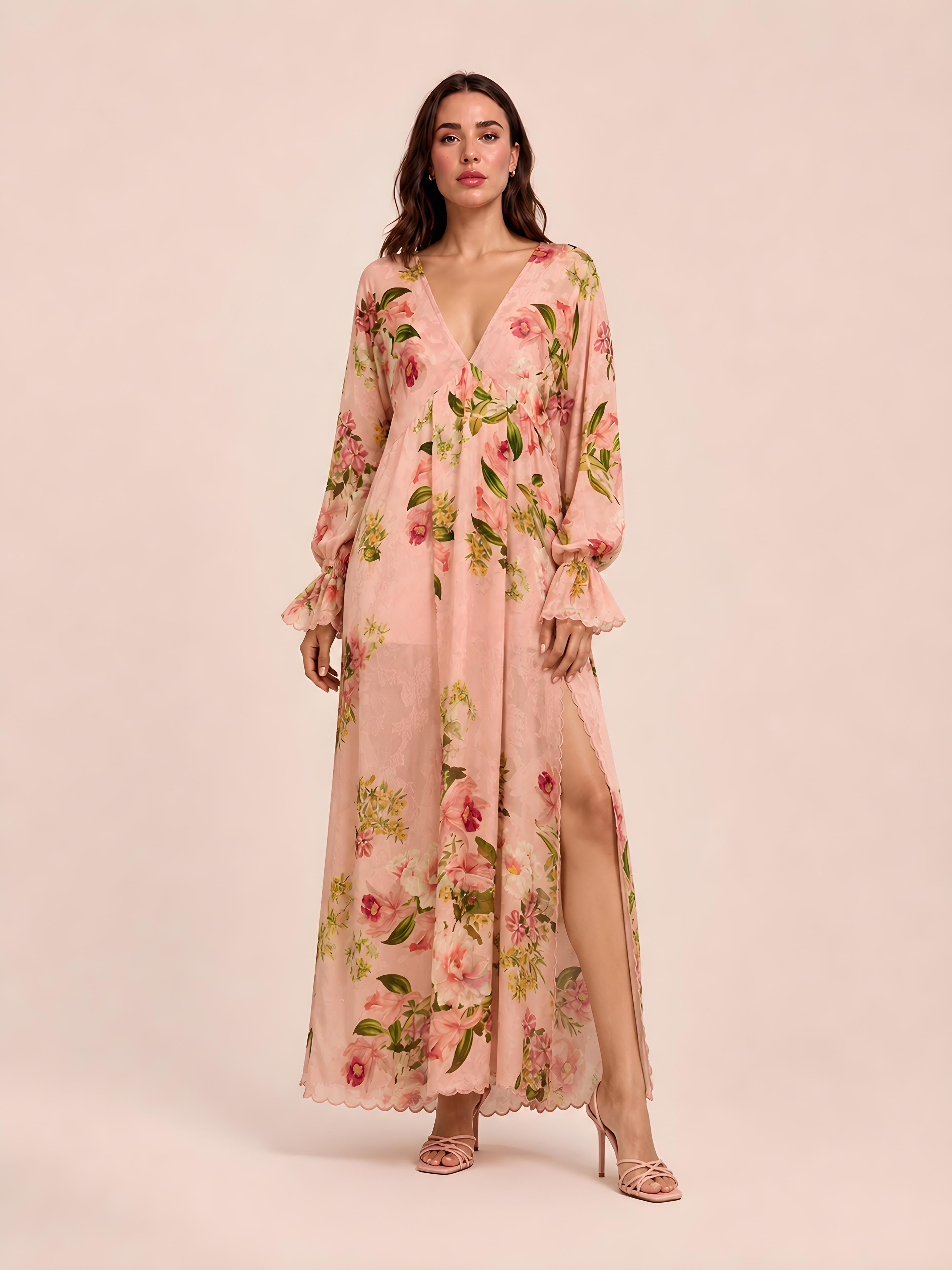 Floral Print Deep V Long Dress
