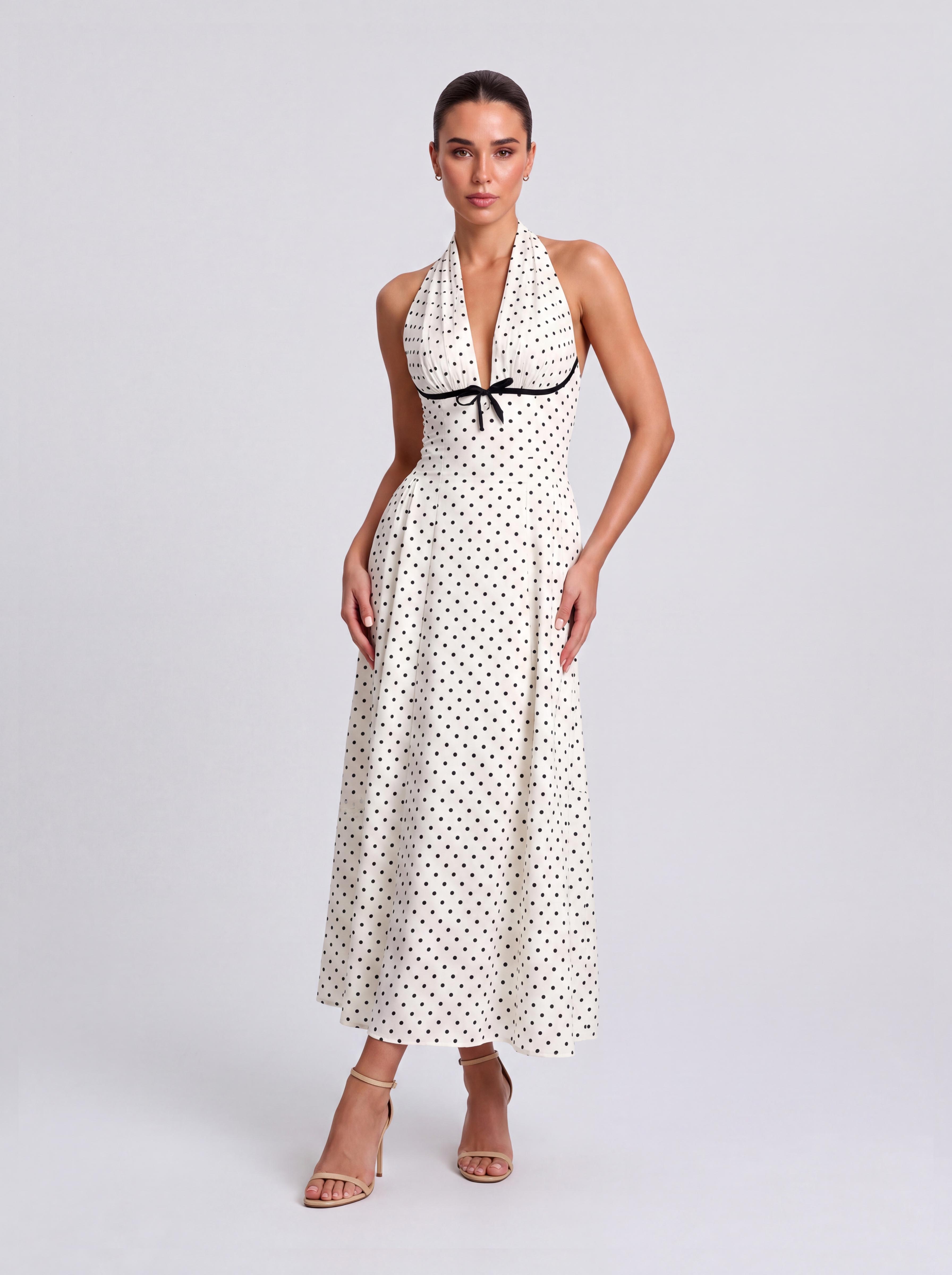 Retro Wave Point Neck Deep V Holiday Midi Dress