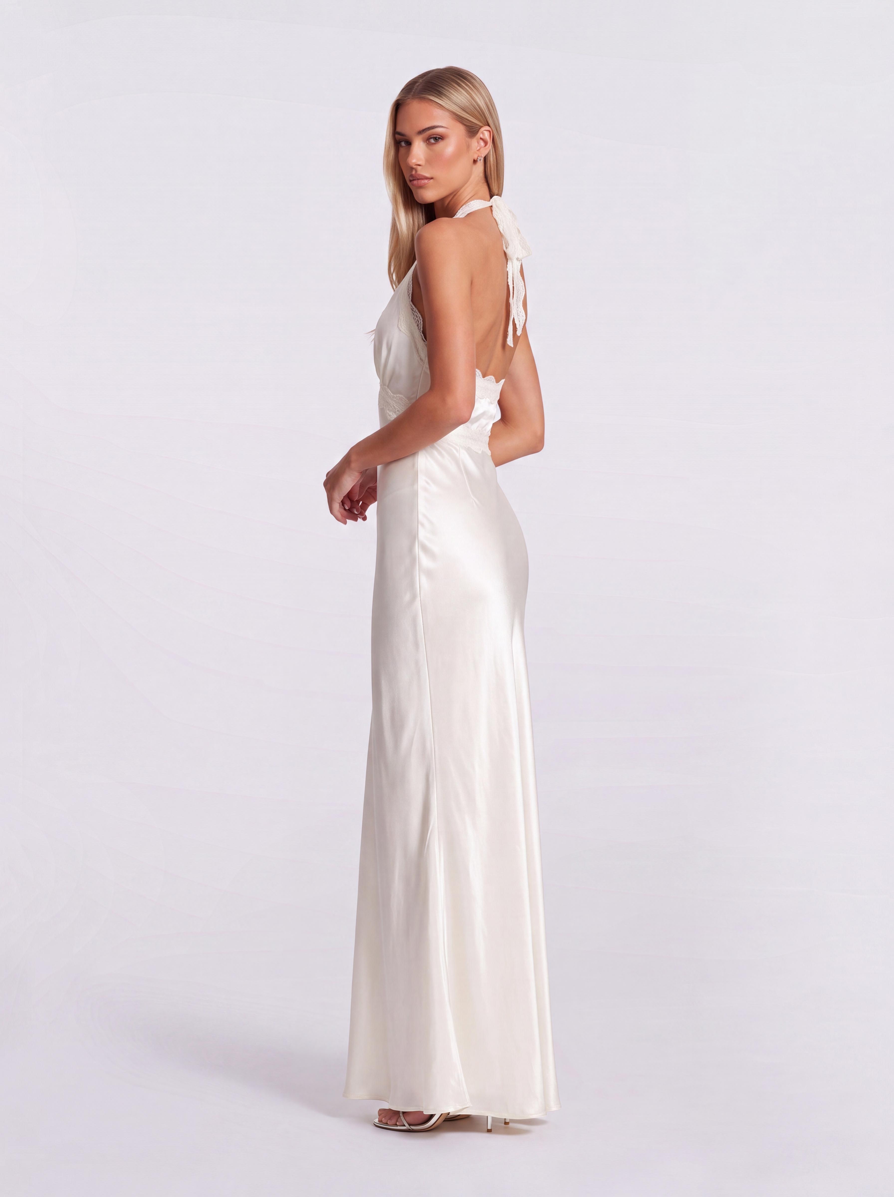 Lace-Trim V-Neck Satin High Split Halter Dress