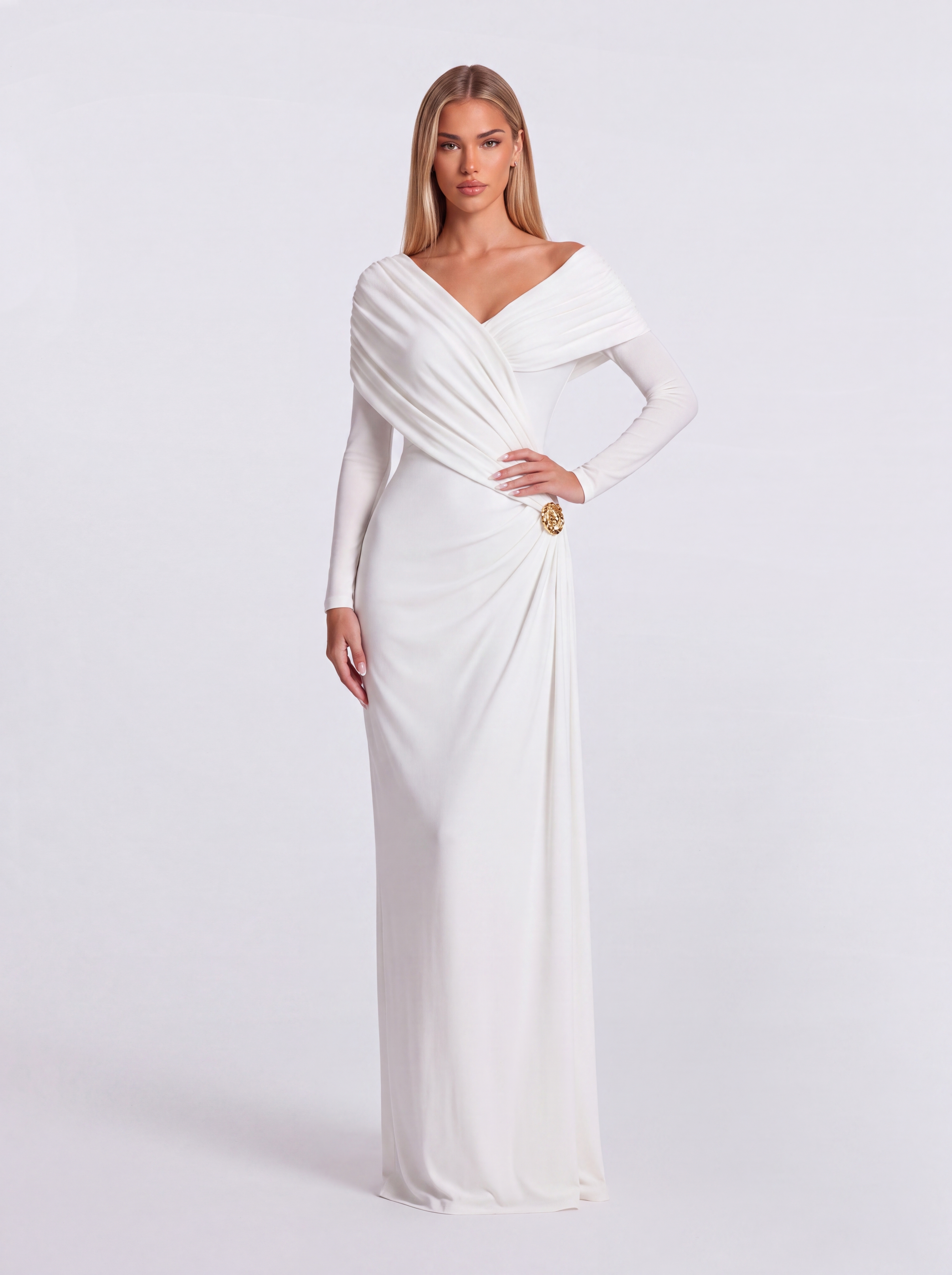 Cross Draped Shawl Side Trim V-Neck Long Sleeve Dress