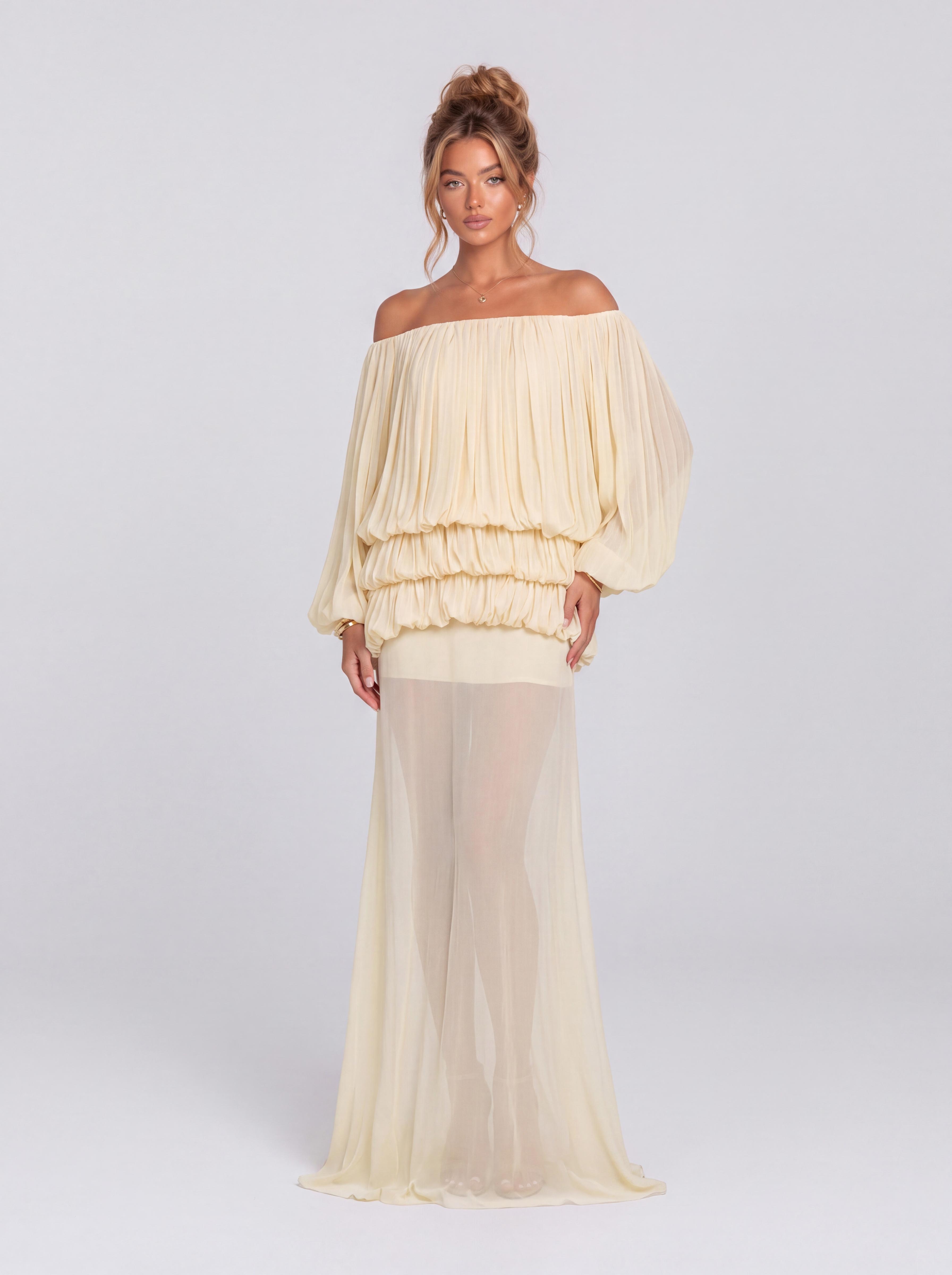 Pleated Off-shoulder Bubble Long Sleeve Perspective Long Party Dress