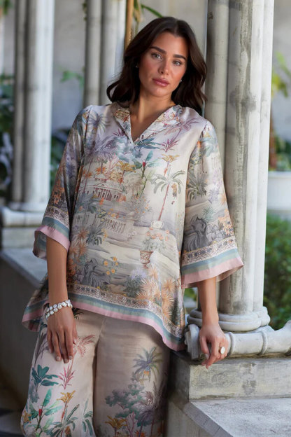 Playful And Elegant Digital Print Flared Sleeve Loose Oversized Shirt