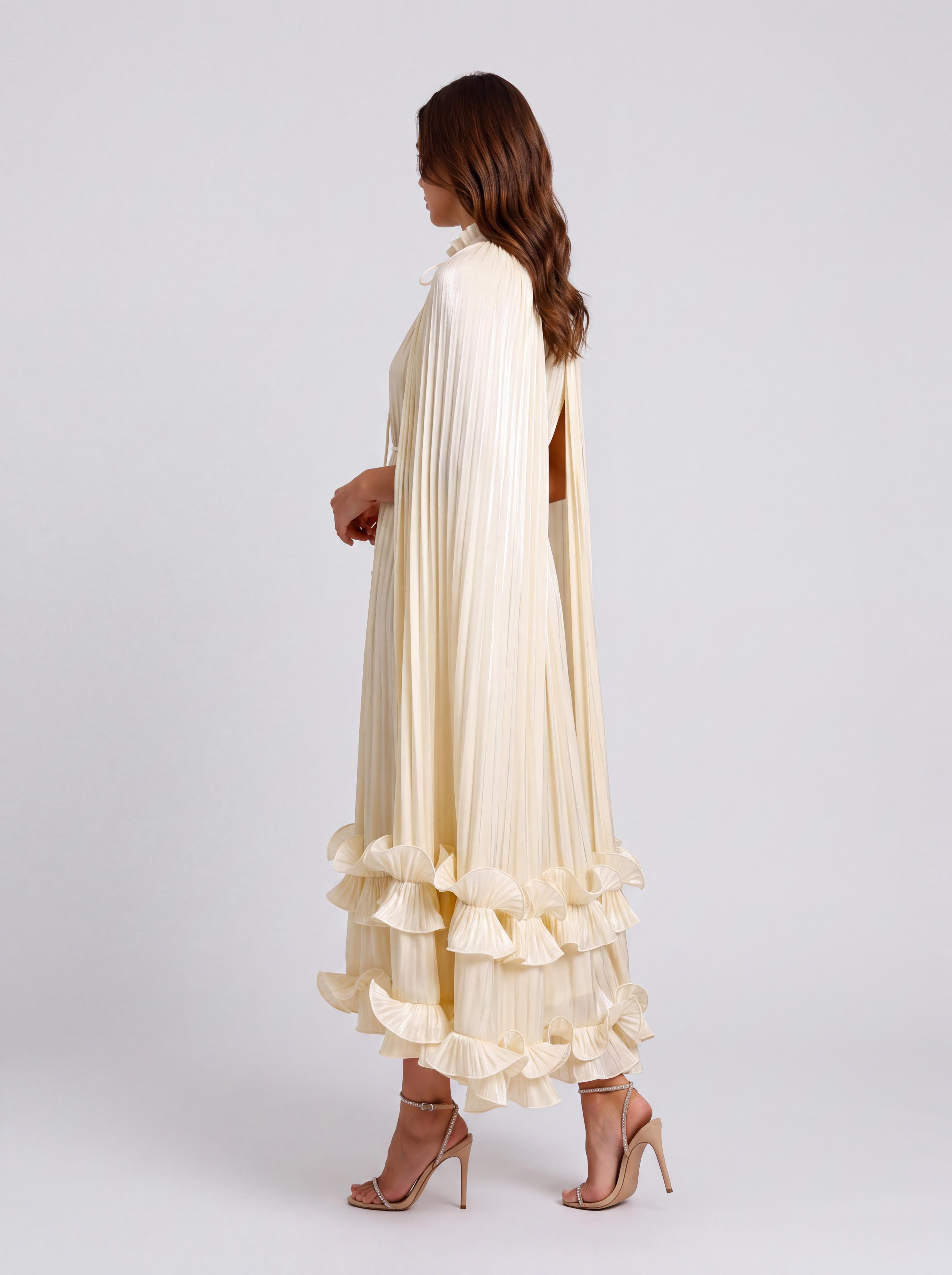 Cloak-sleeved, Stand-collar Midi Dress With Layered Ruffled Frills And A Tie-cinched Waist
