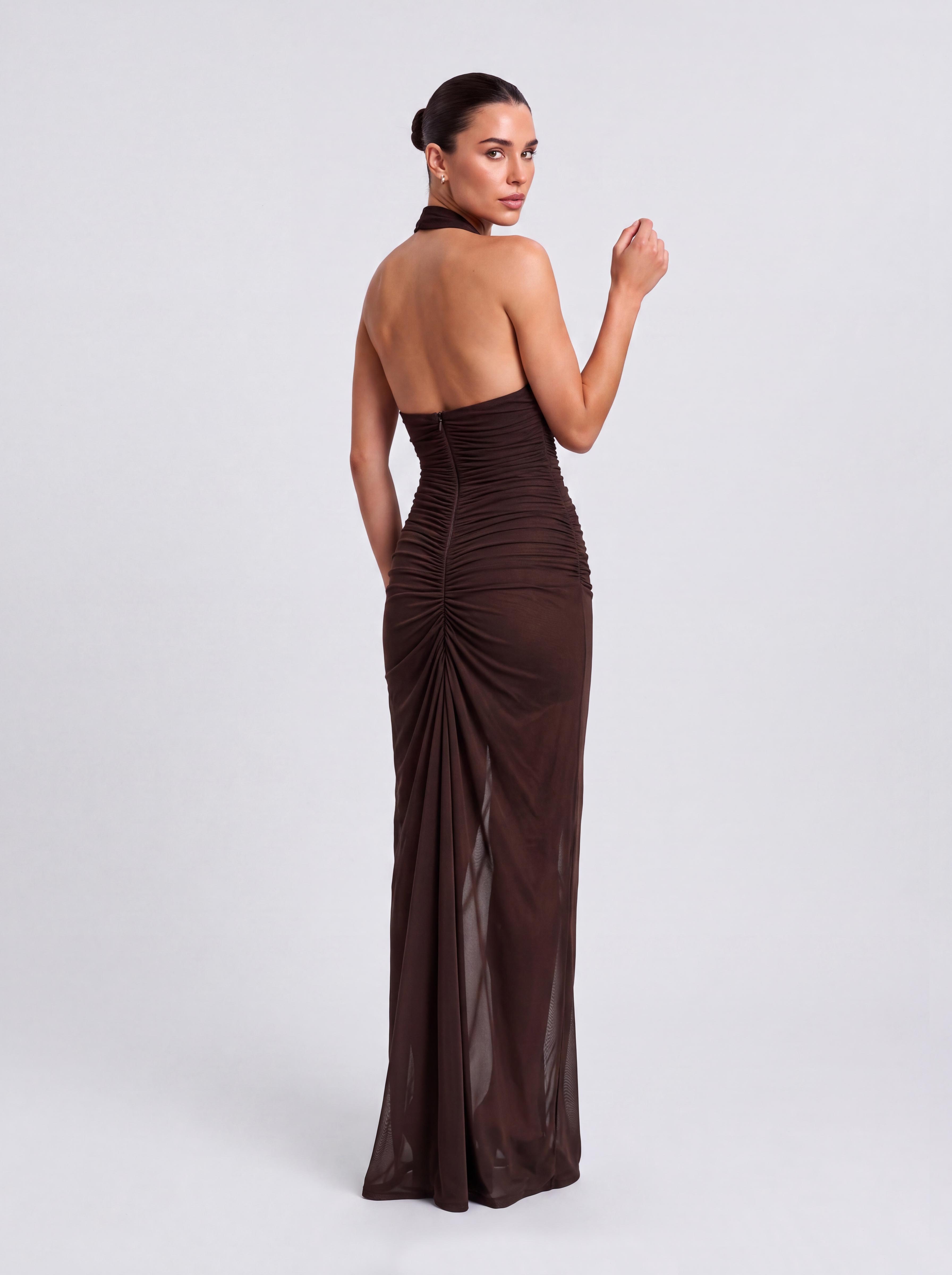 Woven Pleated Front Neck Deep V-Drop Slim Dress
