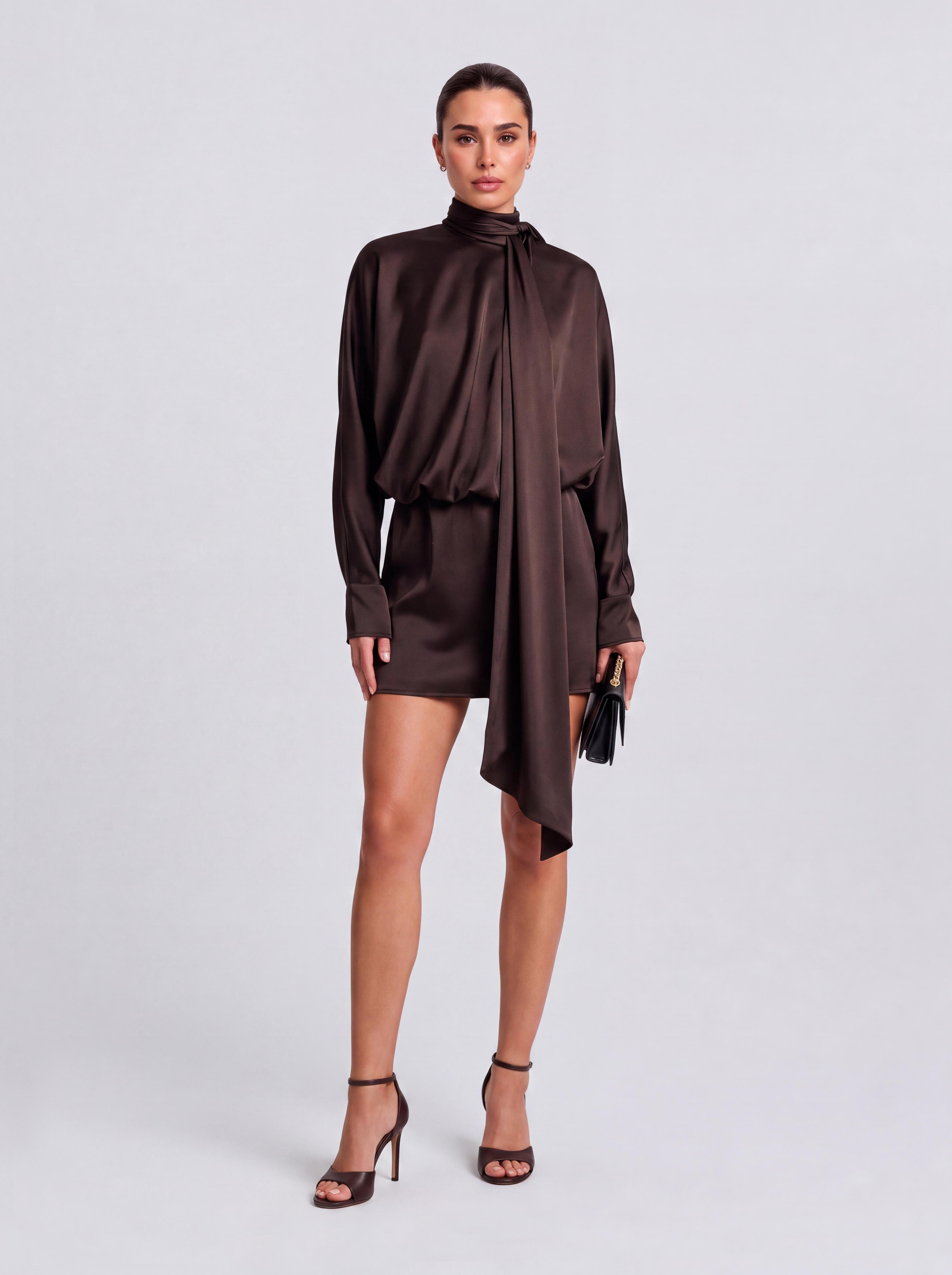Vintage Brown Satin Turtleneck Long Sleeve Slim Fit Short Hip Dress