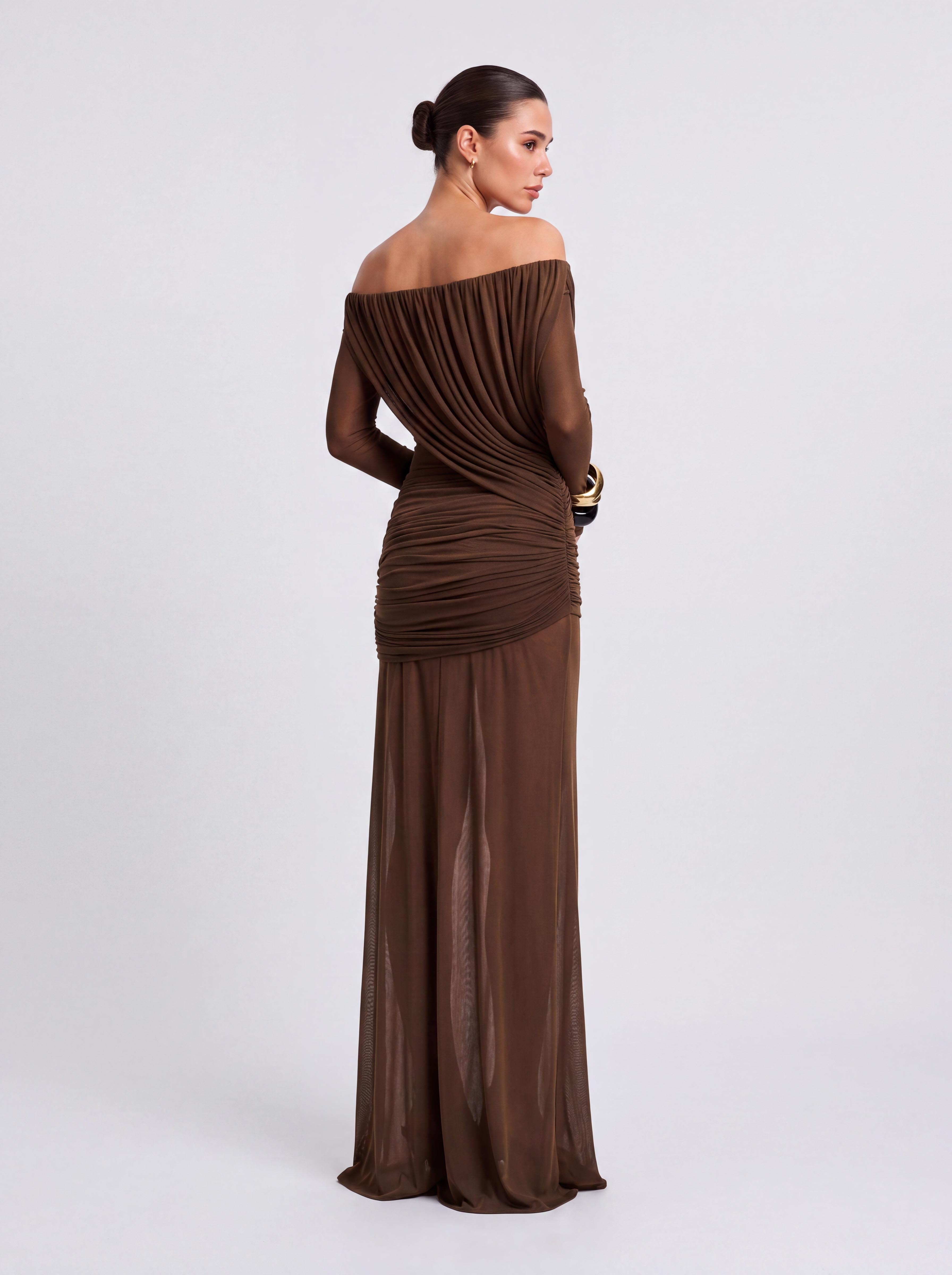 Off-shoulder Long-sleeve Draped Fishtail Long Dress