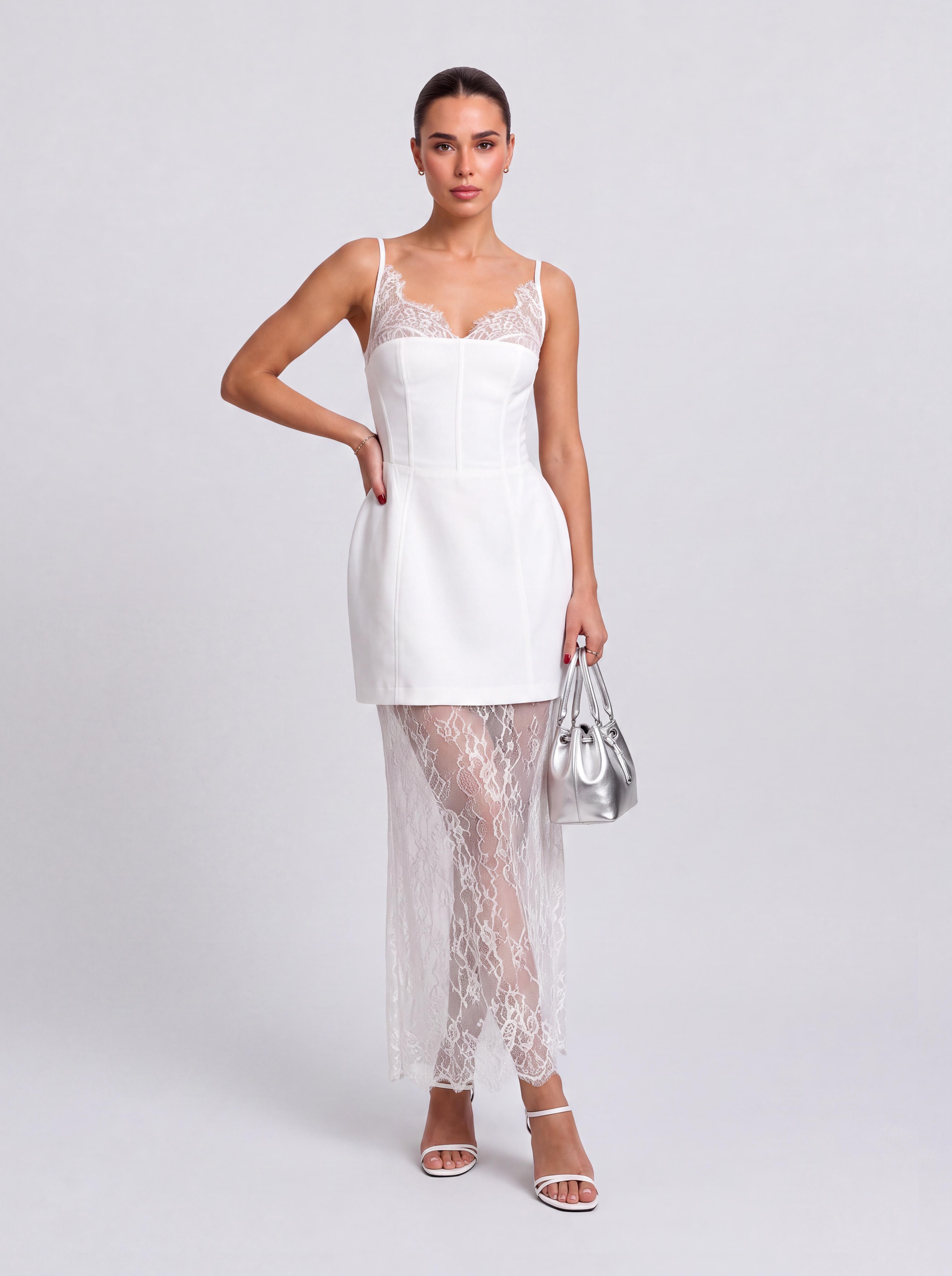 Belted Lace Sling Long And Short Perspective Layered Dress Two-Piece Set