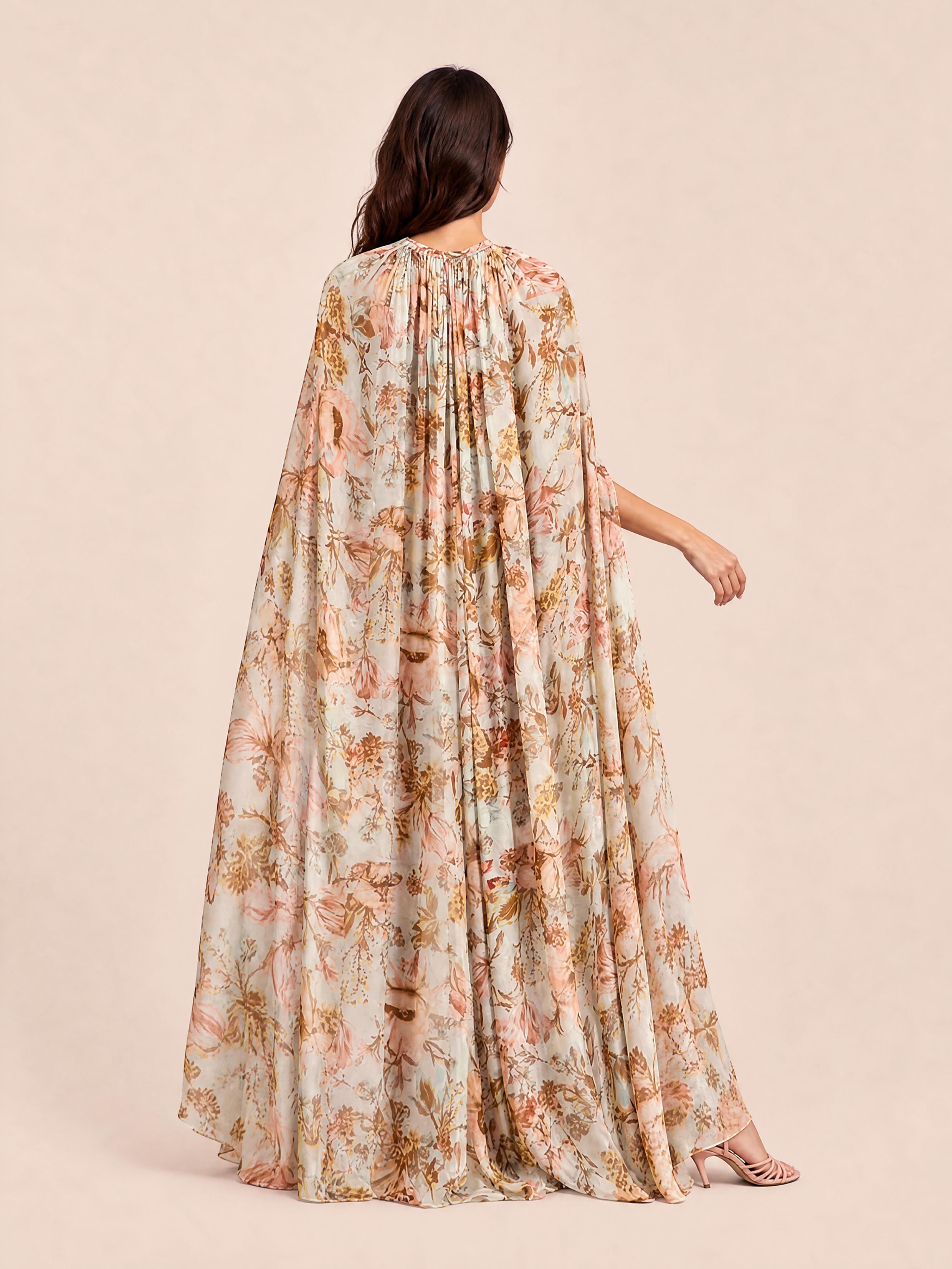 Vintage Chiffon Floral Cape Sleeve Dress