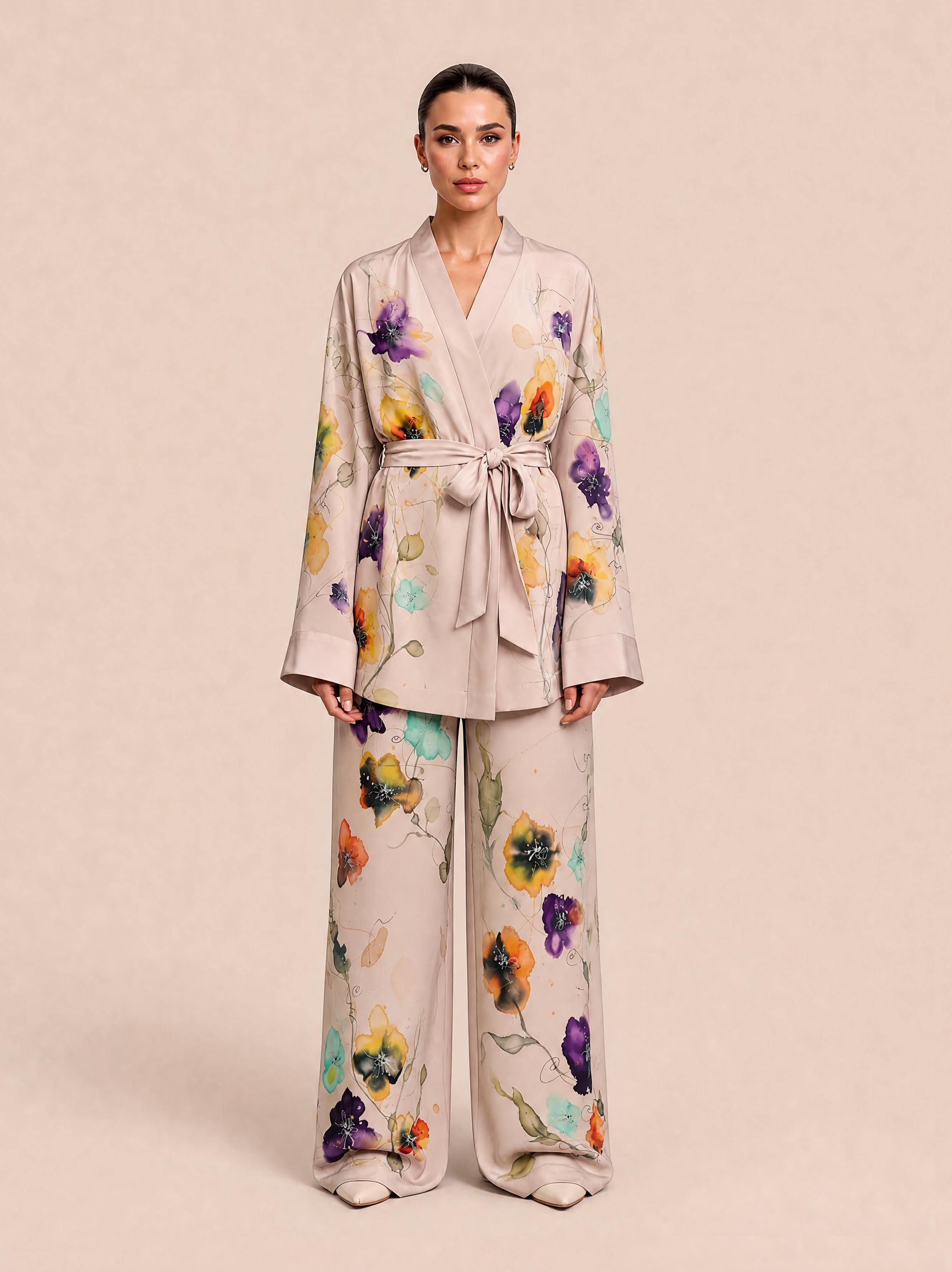 Watercolor Floral Print Satin Two-piece Set