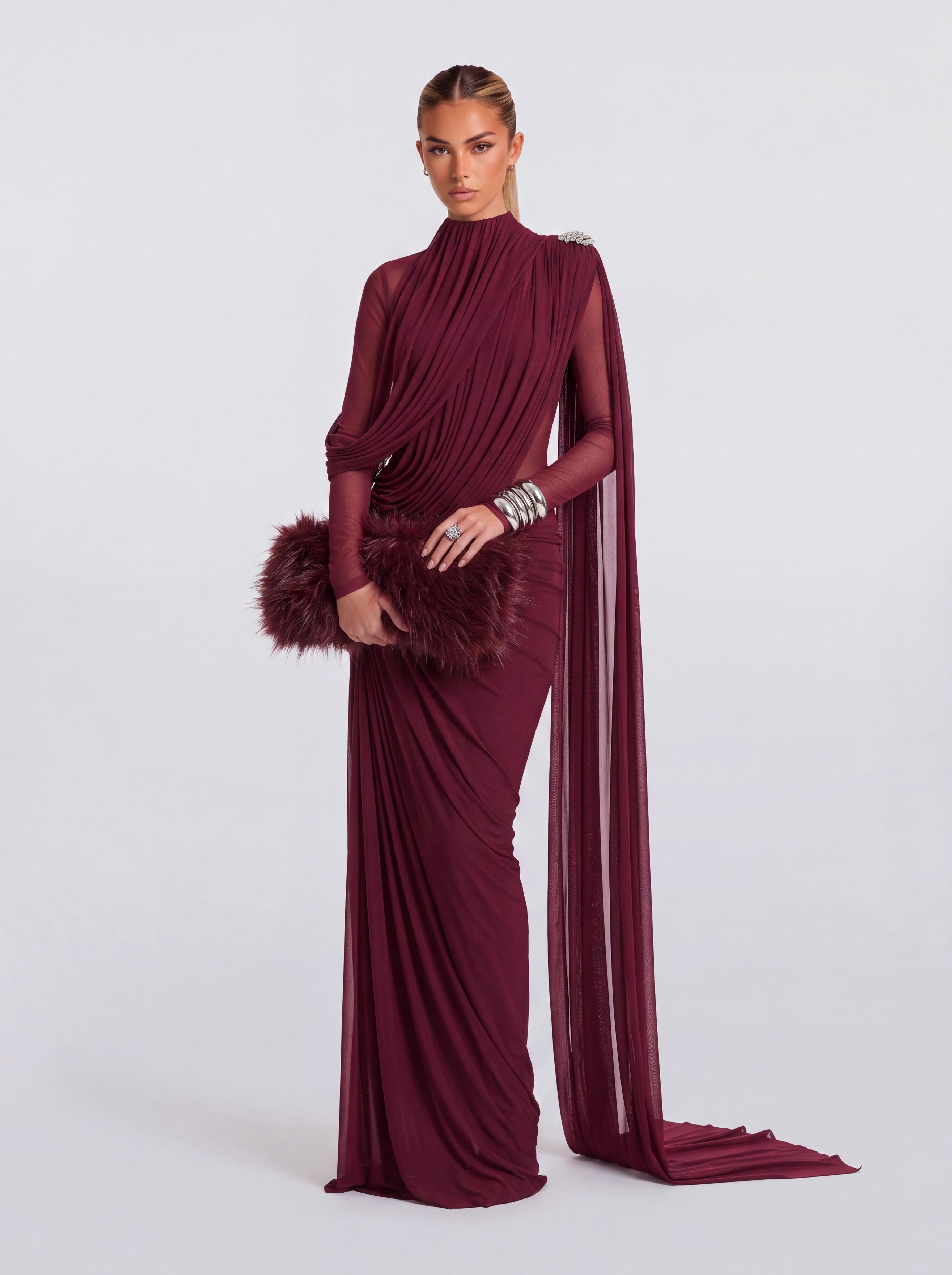 Asymmetric Cross-Draped Small High-Neck Long Gown Side-Mopping Strap