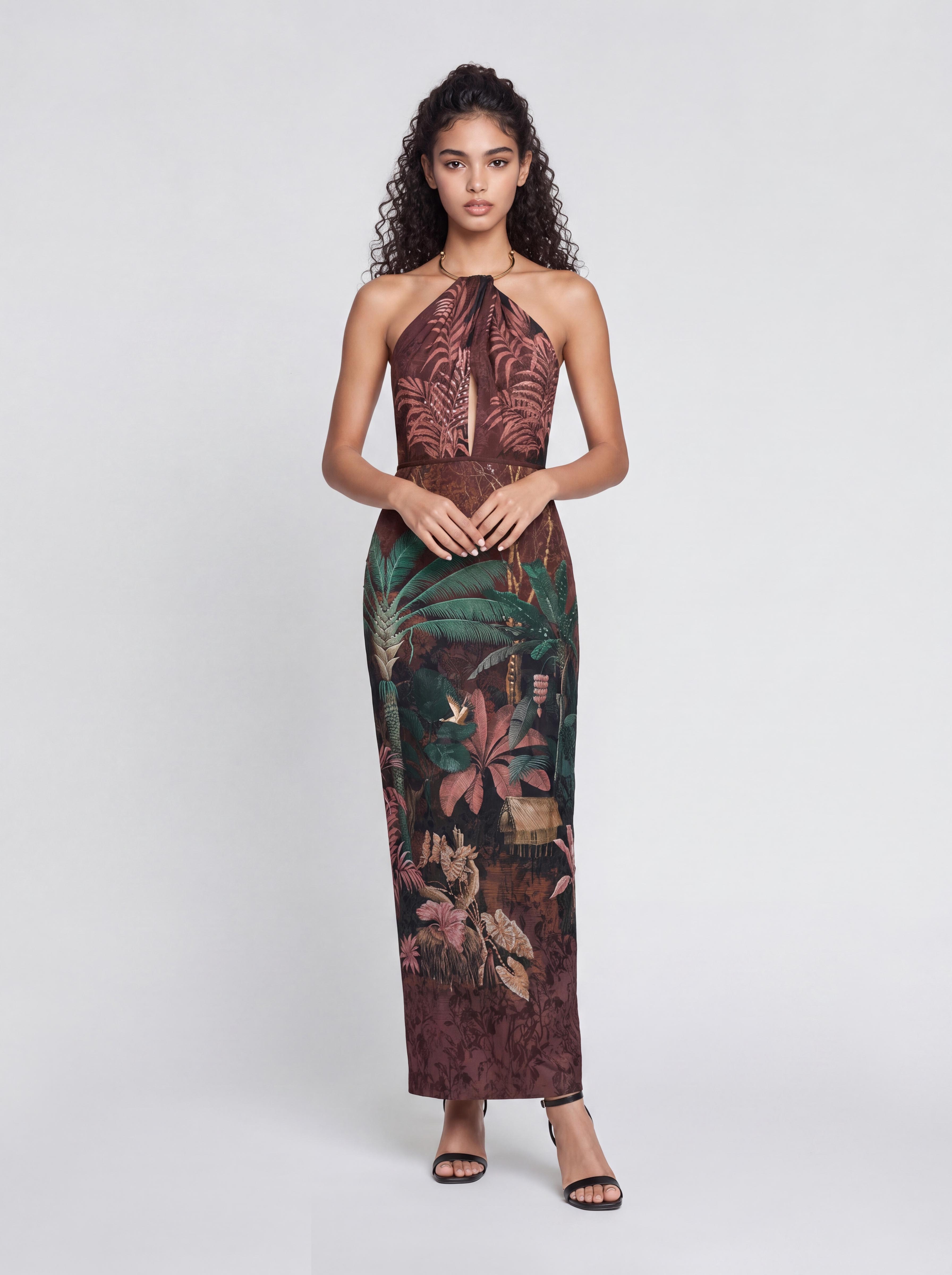 Slim-Fit Long Neck Rainforest Print Dress