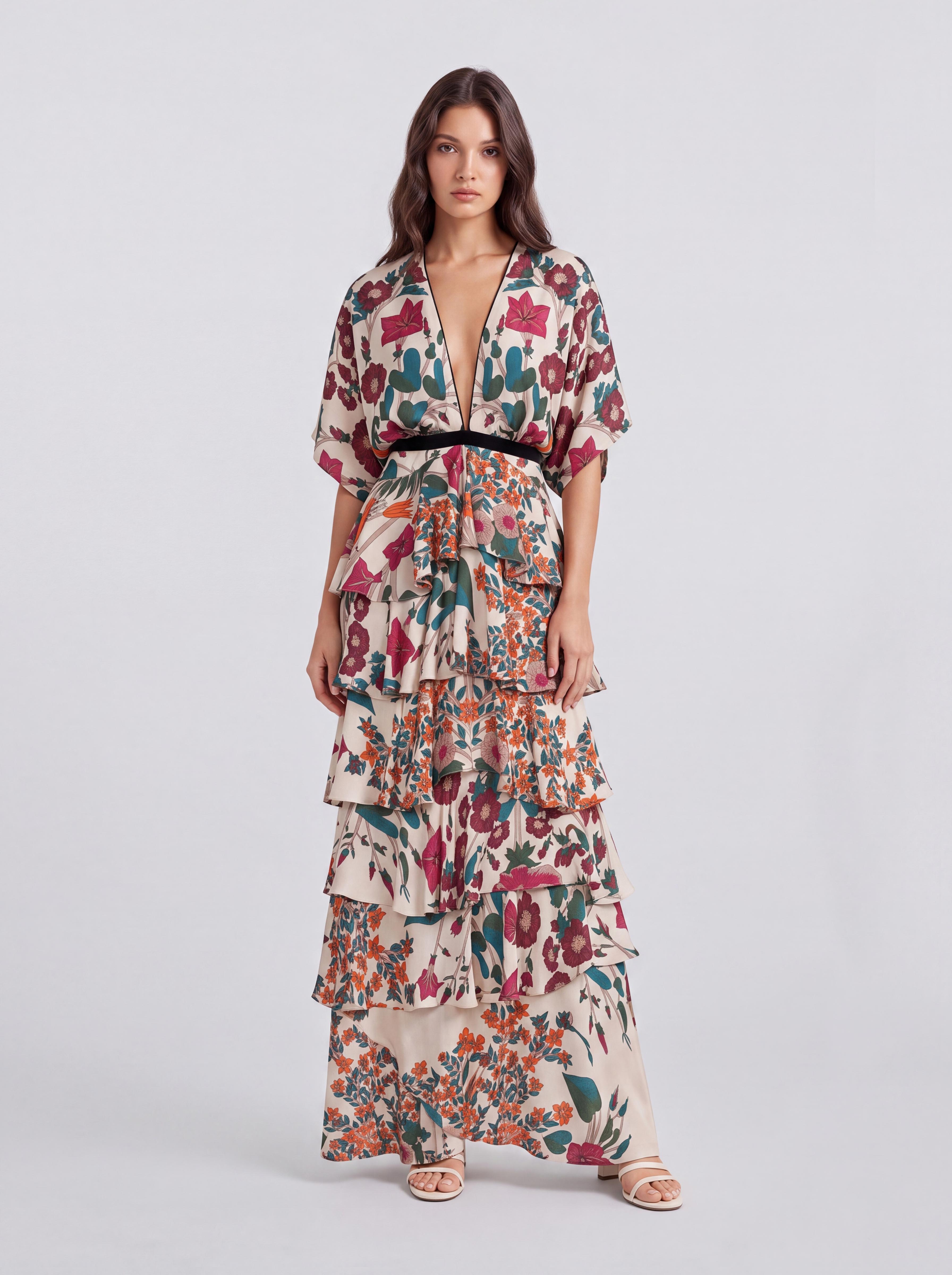 Vintage Floral Deep V-Bat Sleeve Tight Waist Multi-Layer Ruffled Holiday Dress