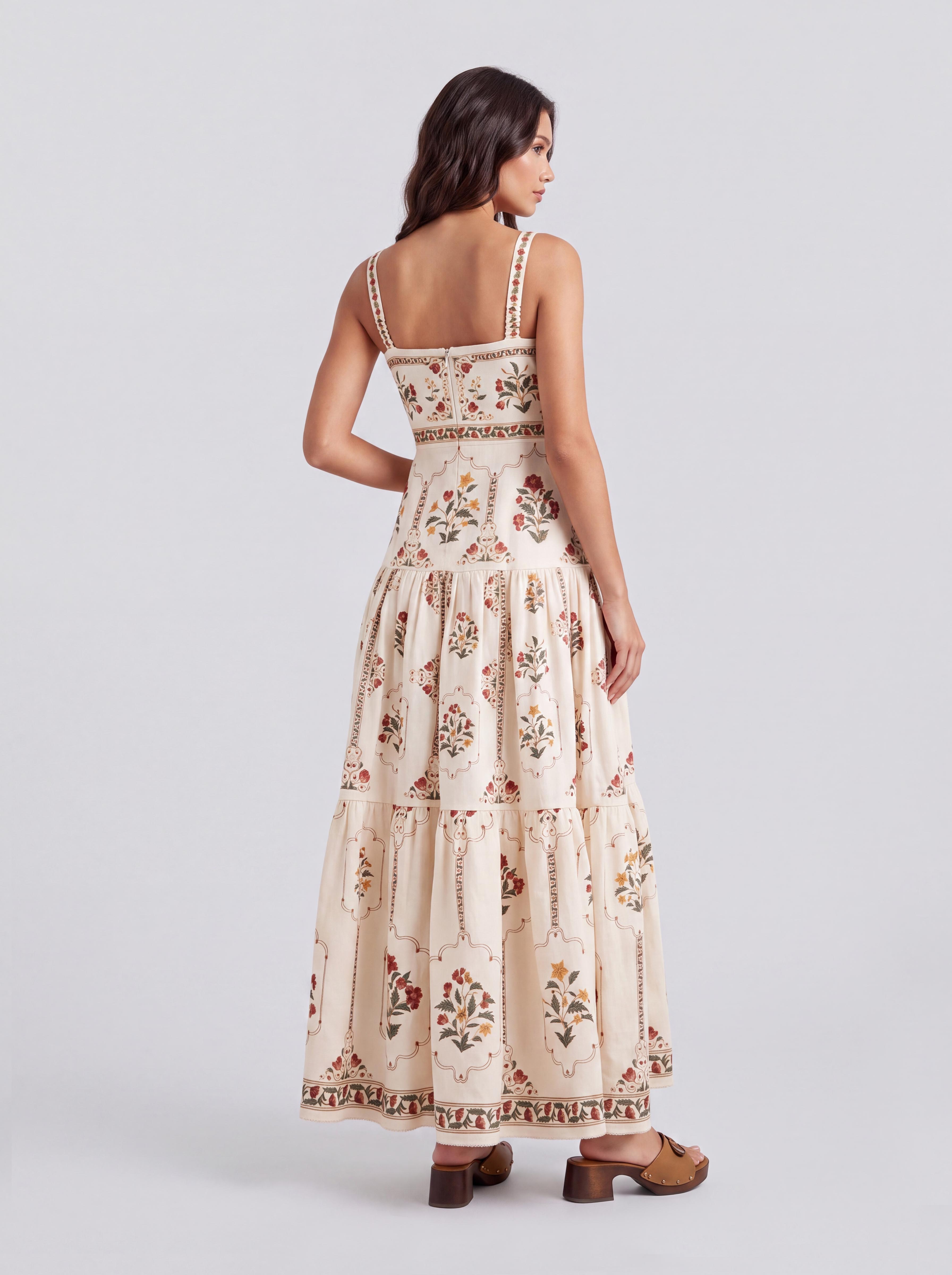 Vintage Floral Square Collar Thin Sling Layered Bohemian Dress