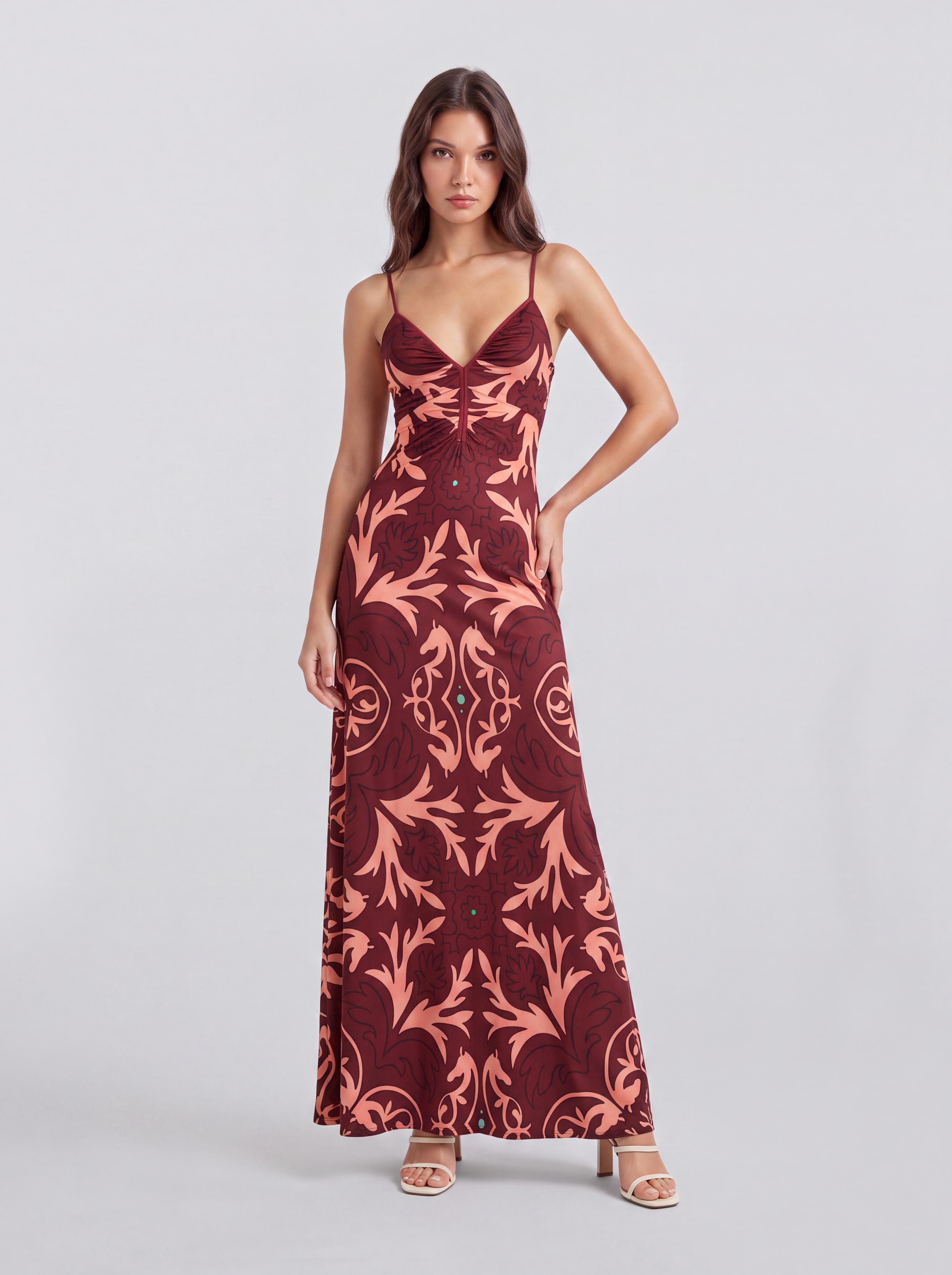 Retro European-style Pattern Slim-fit Long Dress With V-neck