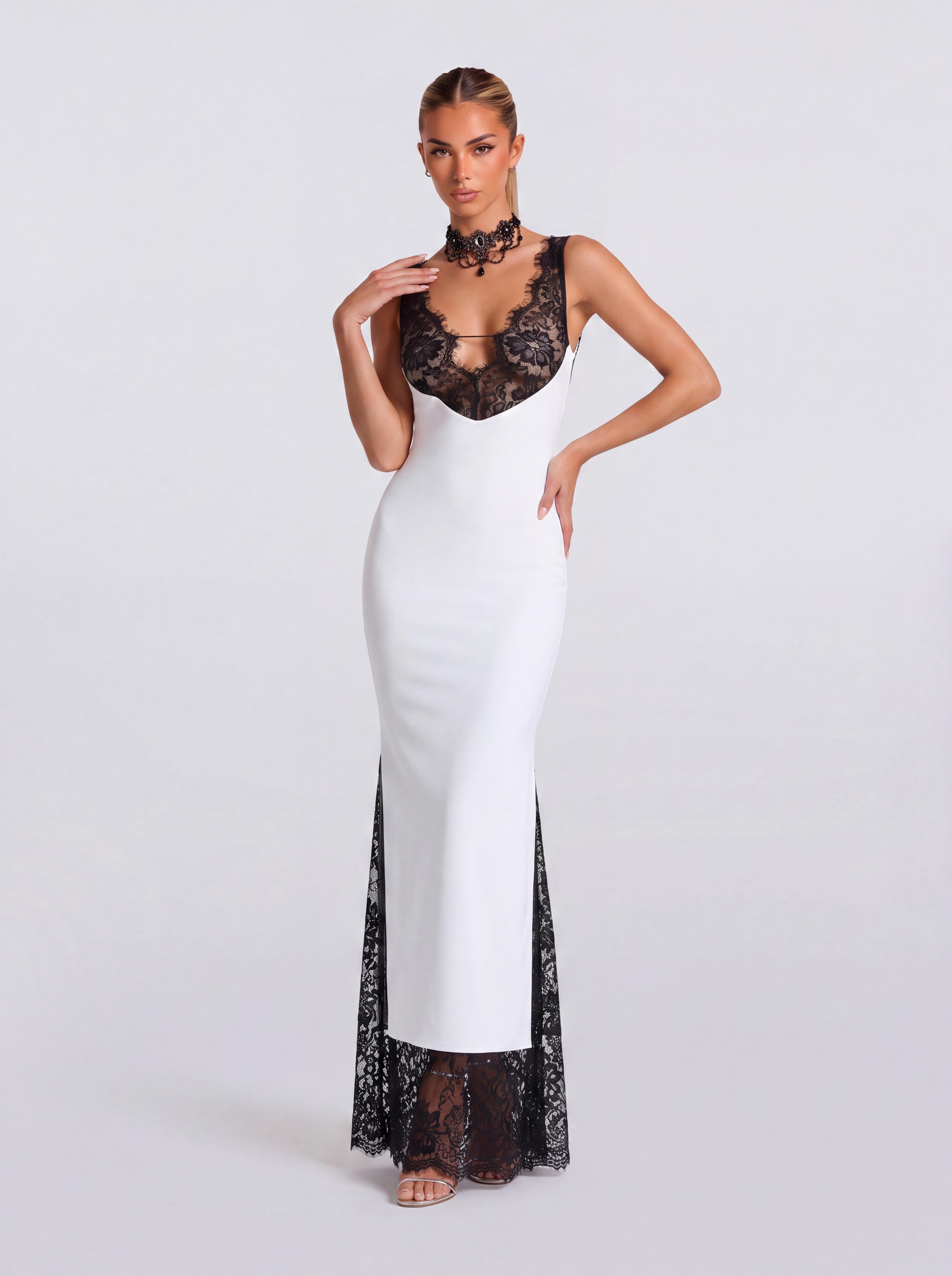 Lace V-Neck Split Fishtail Long Dress