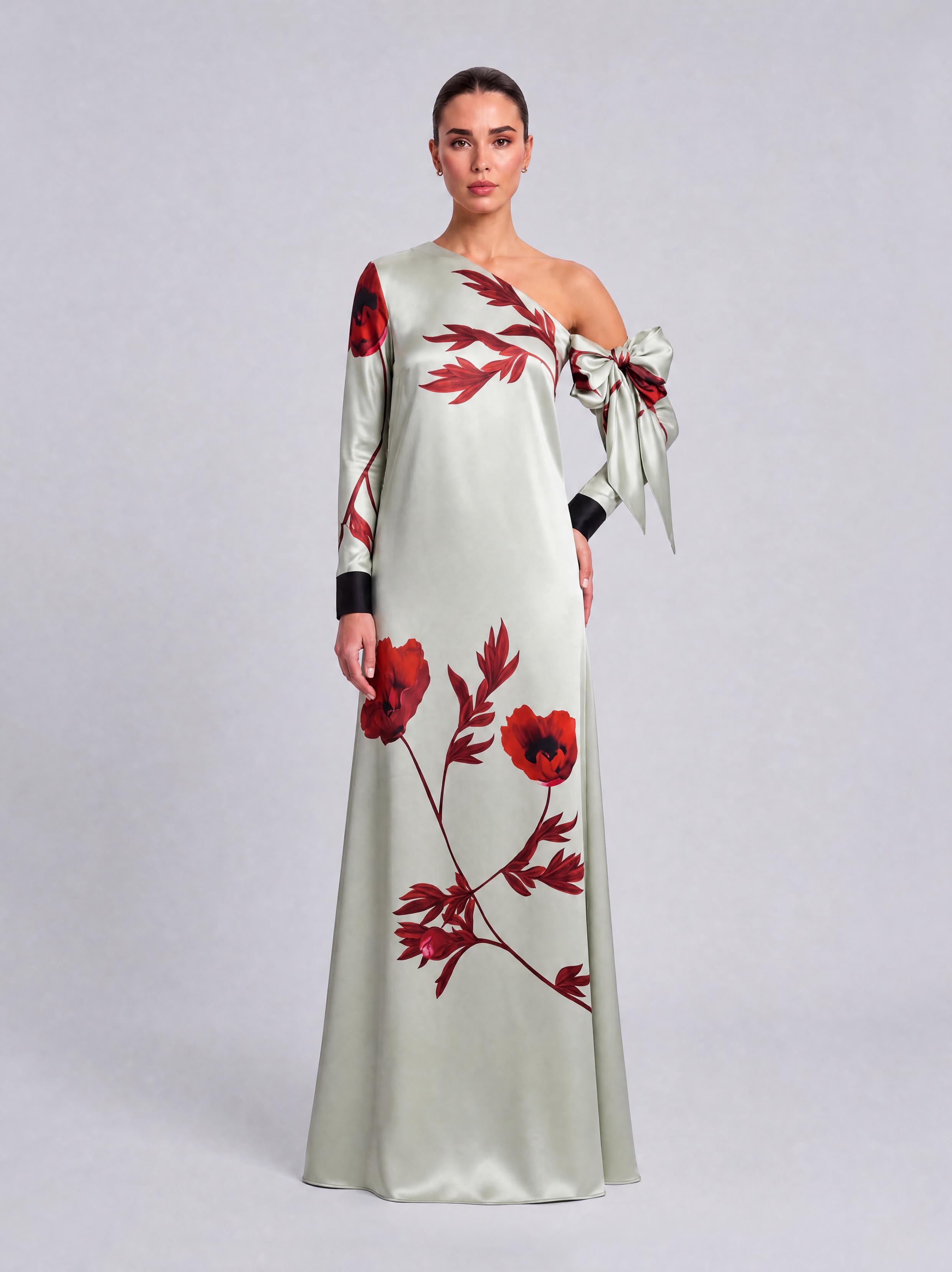 Scarlet-Shoulder Bow Satin Print Long Evening Gown