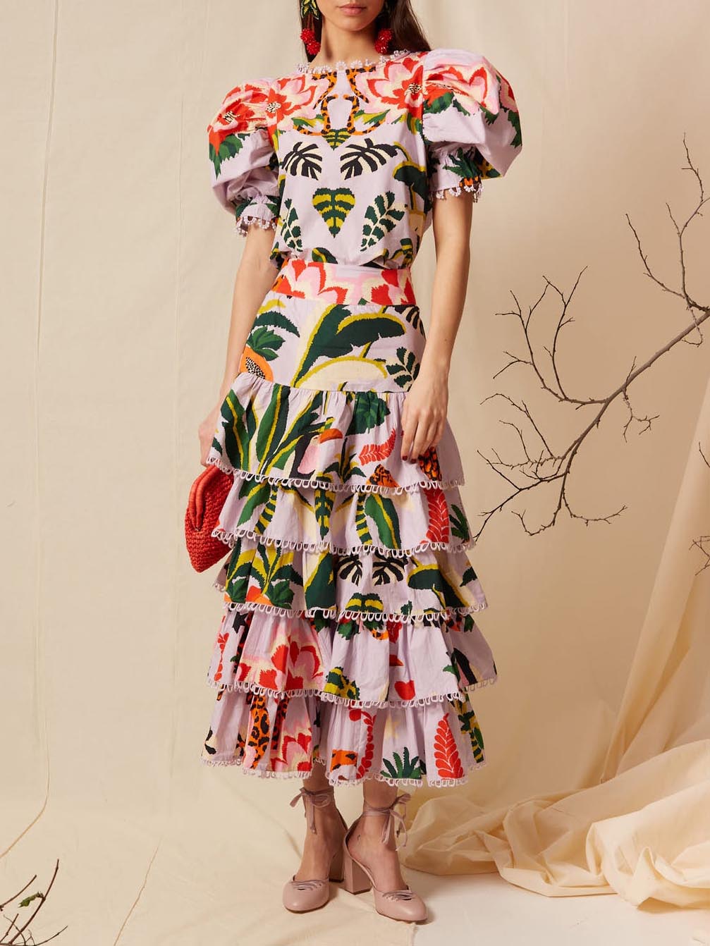 Elegant Tropical Print Puff Sleeve Ruffle Two-Piece Set