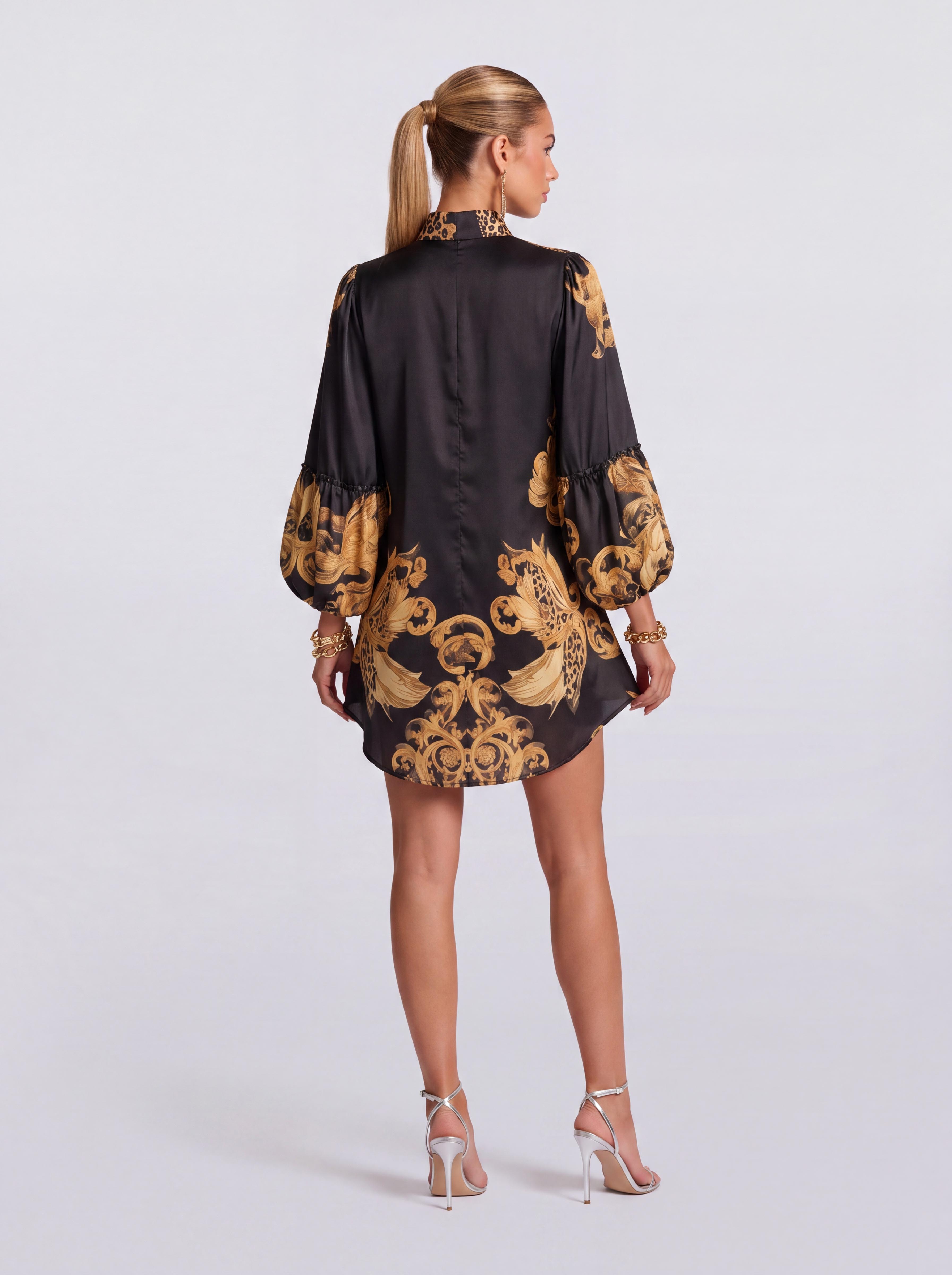 Vintage Black Gold Leopard Print Stand Collar Puff Sleeve Satin Short Dress