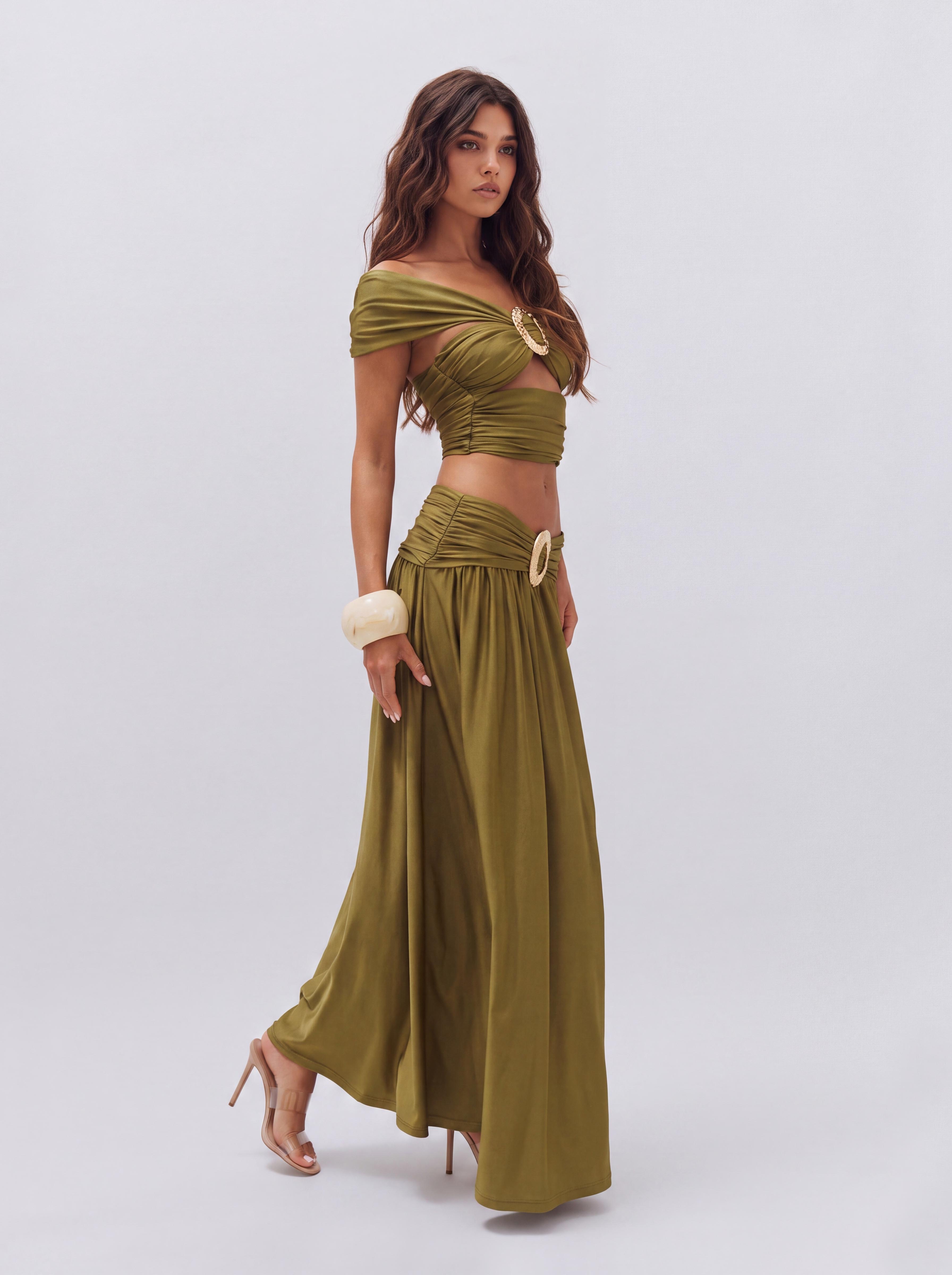 Olive Green Two-Piece Open-Shoulder Top With Metal Buckle