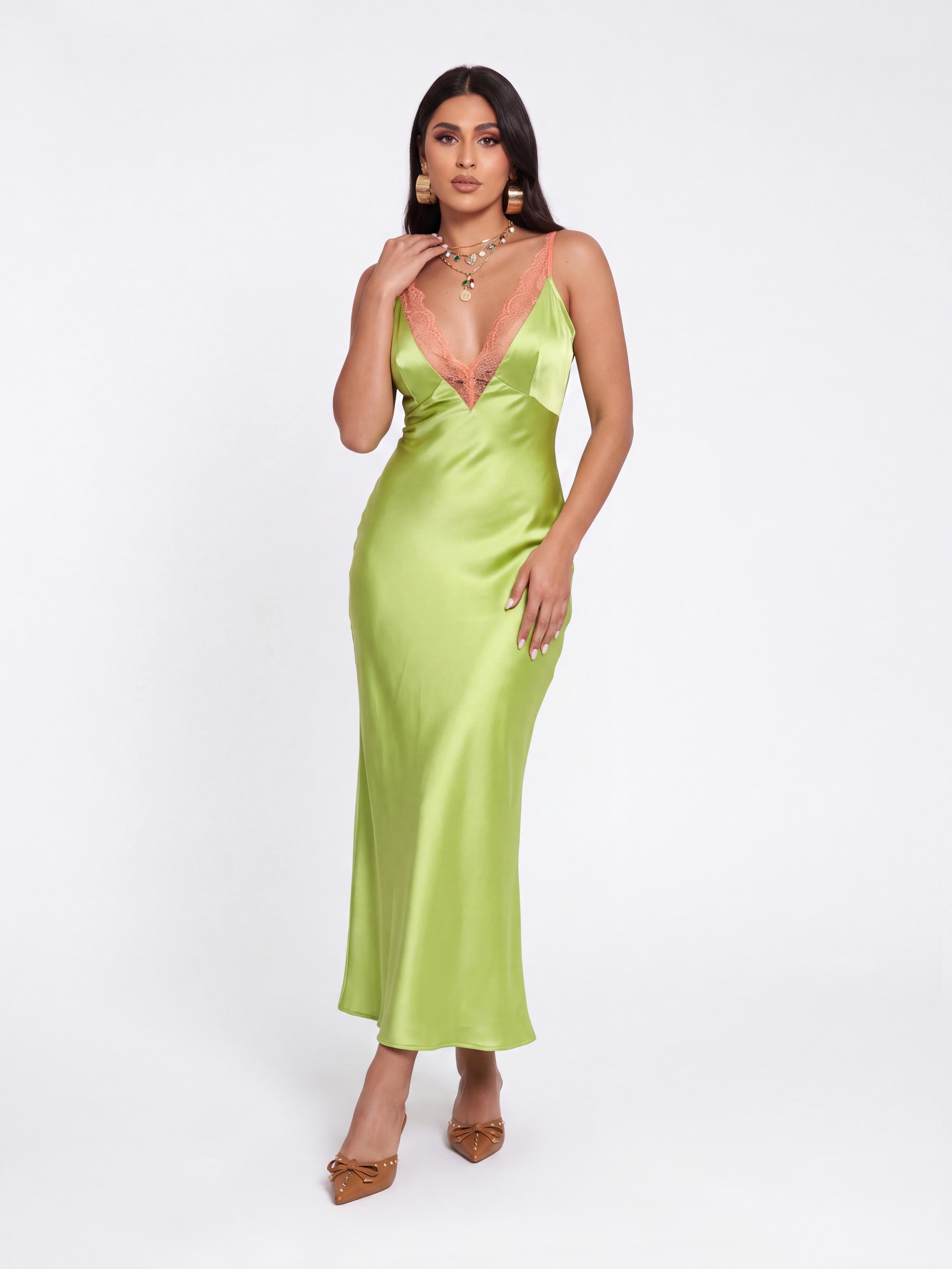 Bright Green Lace V-Neck Satin Sling Fishtail Midi Dress
