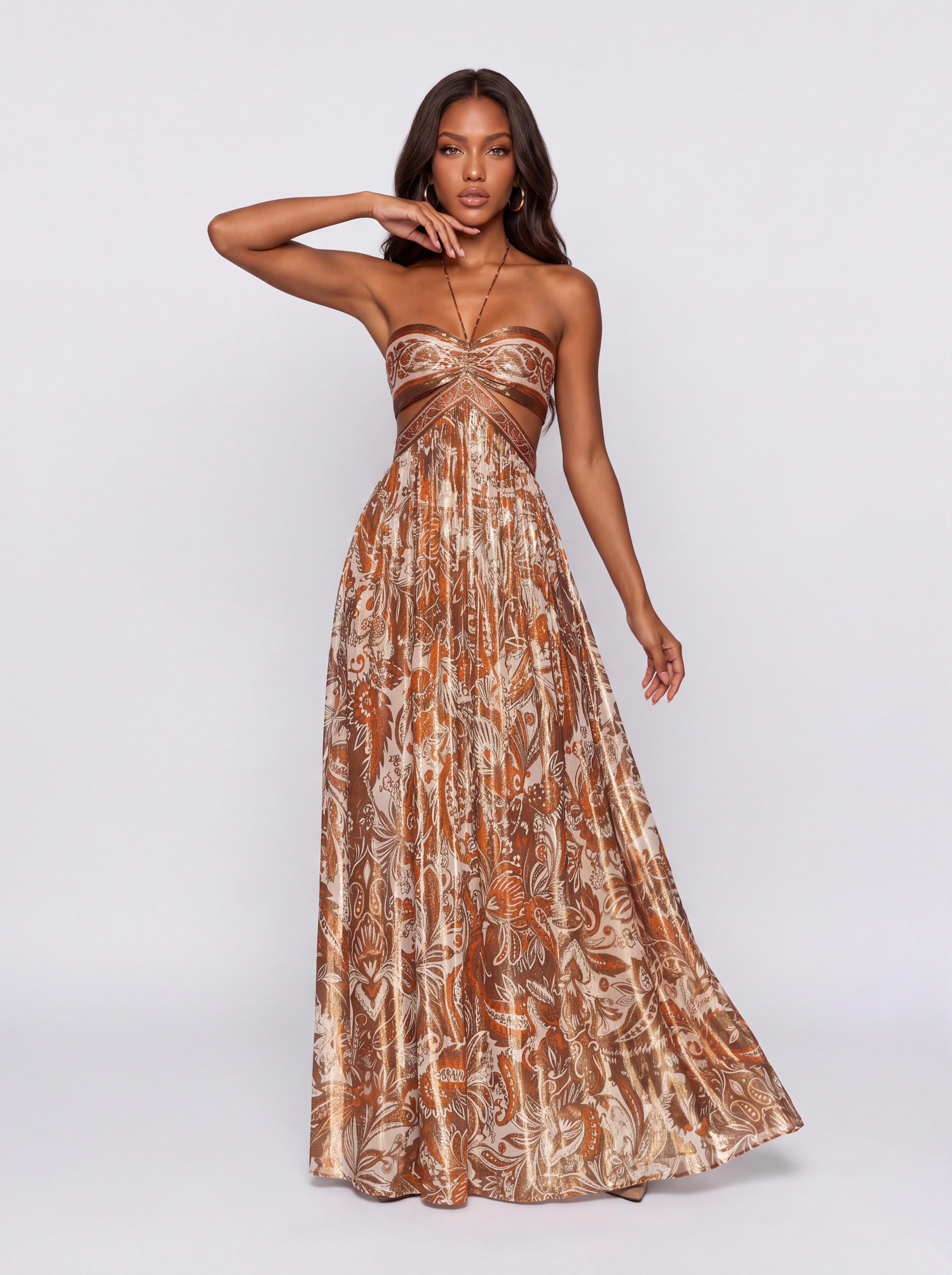 Vintage Cashew Flower Strapless Hollow Neck Stamping Dipping Long Dress