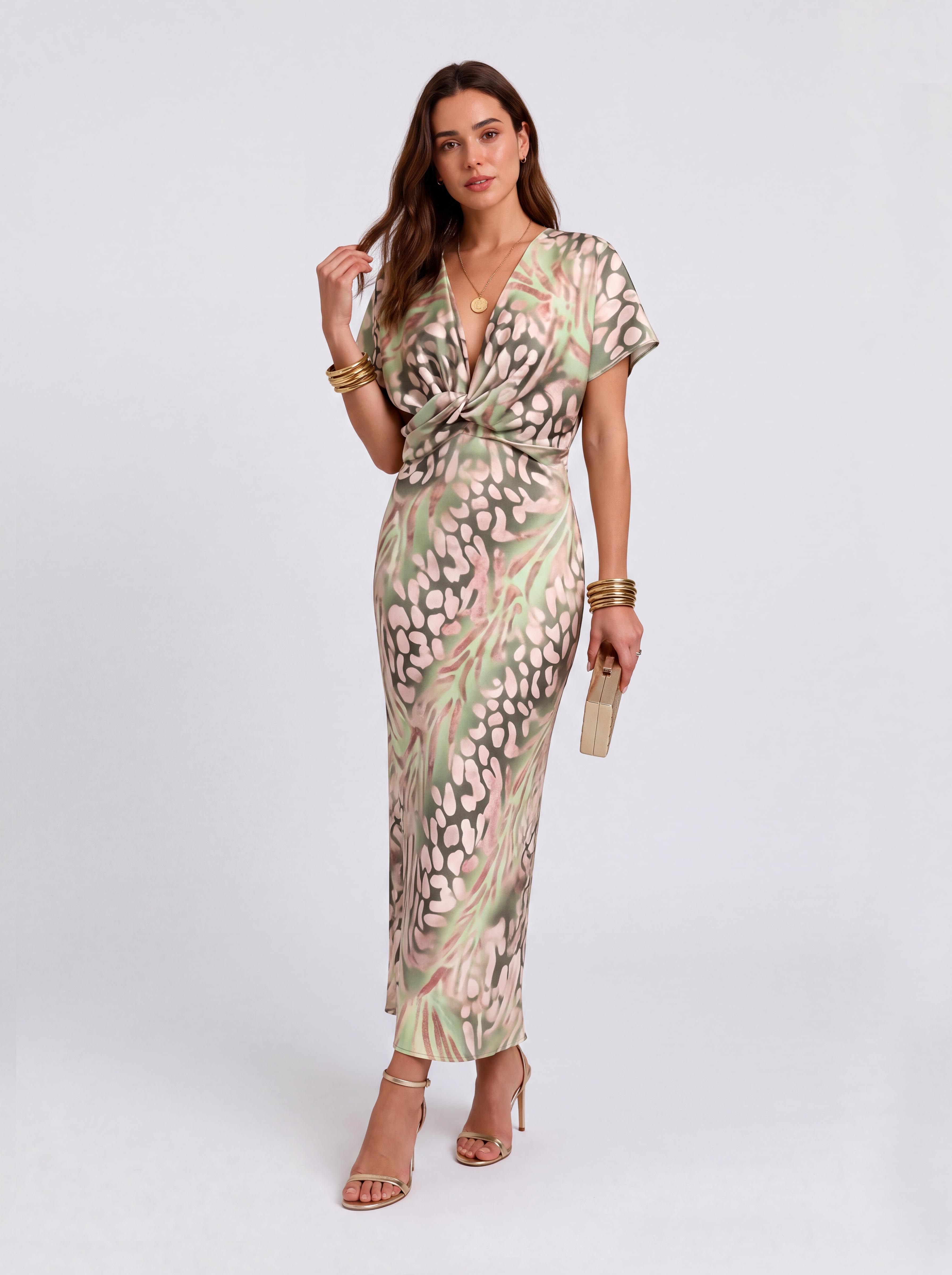 Vintage Simi-Dye Printed Satin Kink Deep V Short-Sleeved Hip Midi Dress