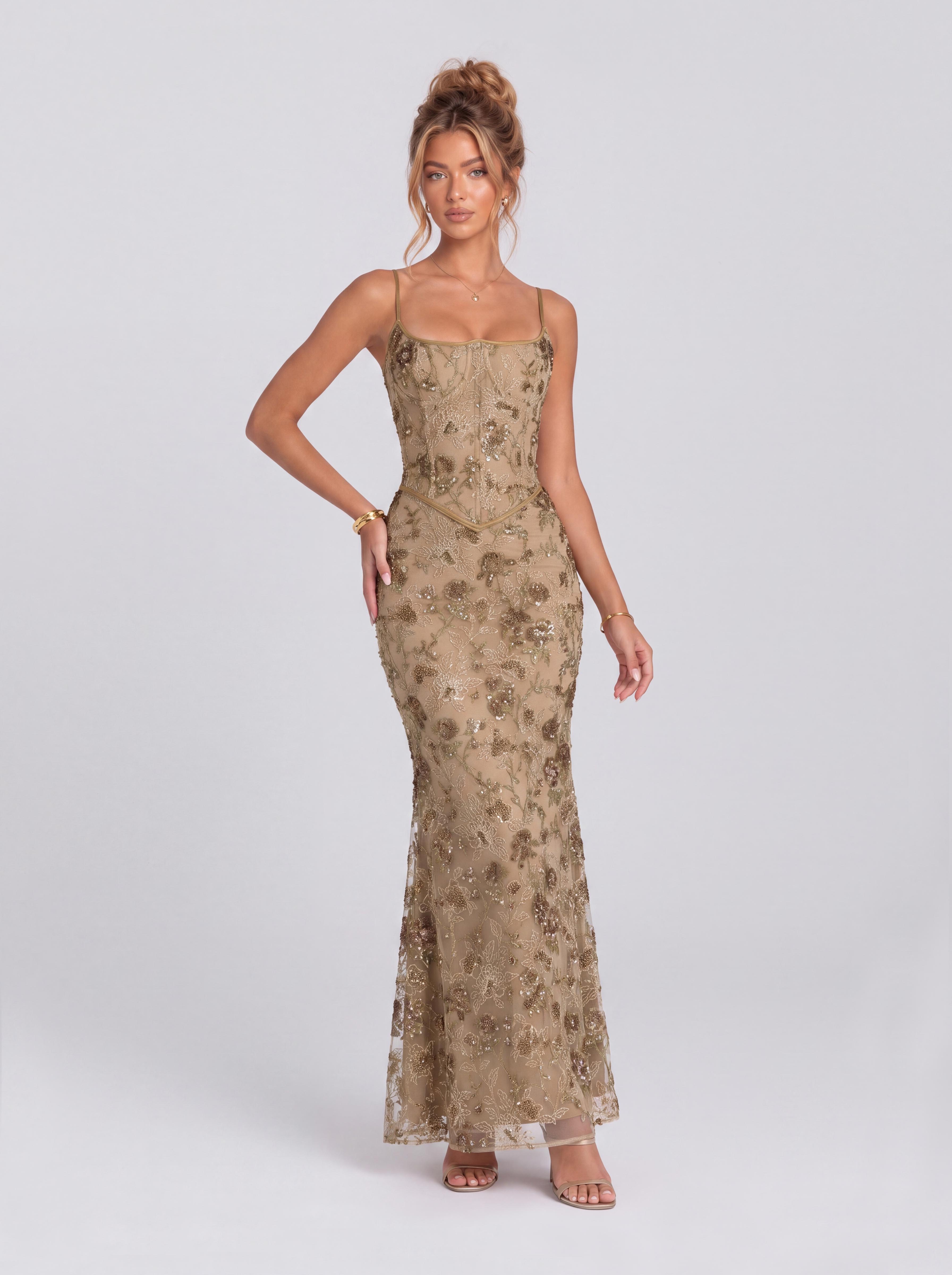 Vintage Floral Beaded Lace Belted Mermaid Dress