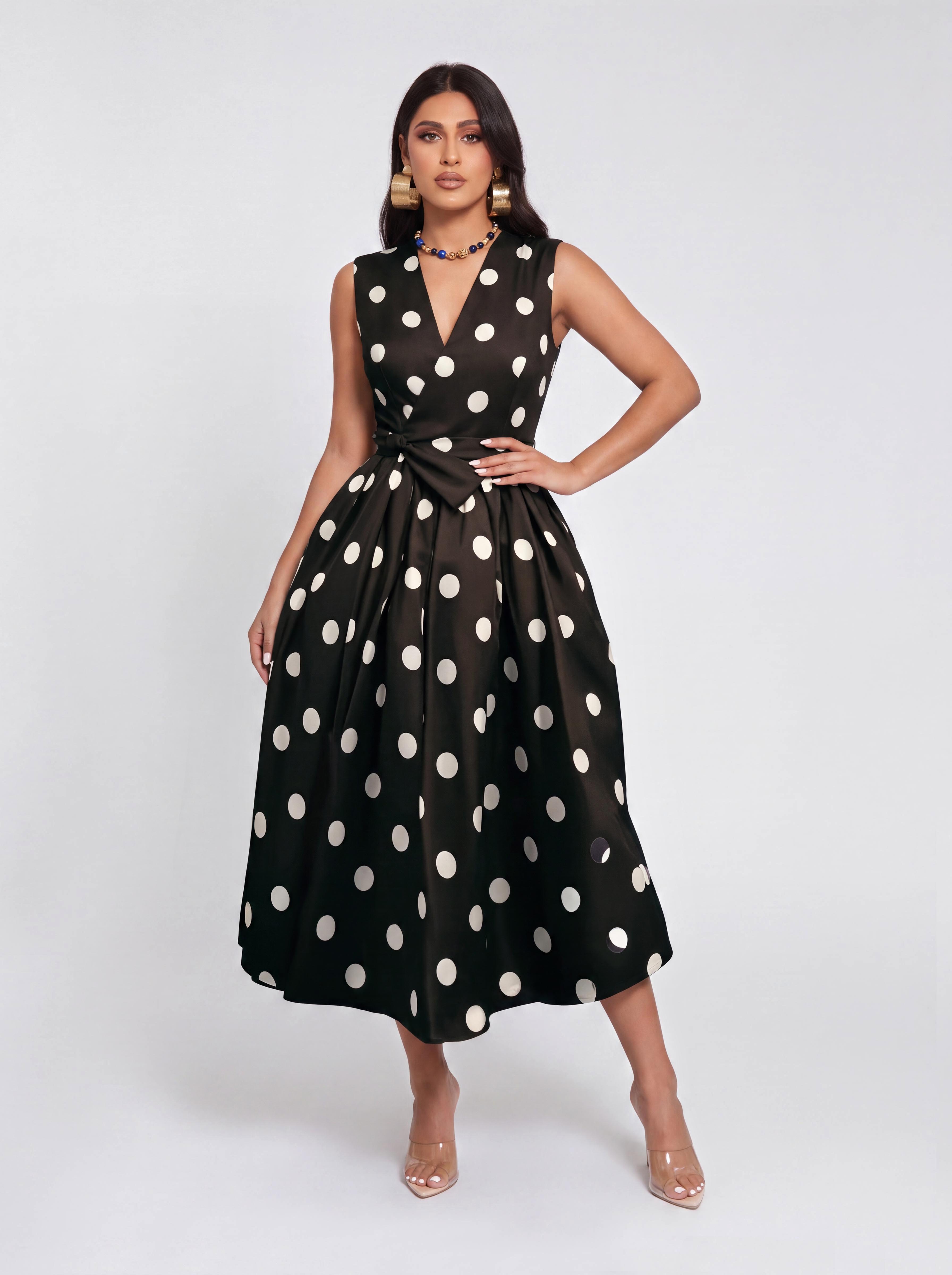 Vintage Polkdot Sleeveless V-neck Tight Waist Mid-length Umbrella Dress