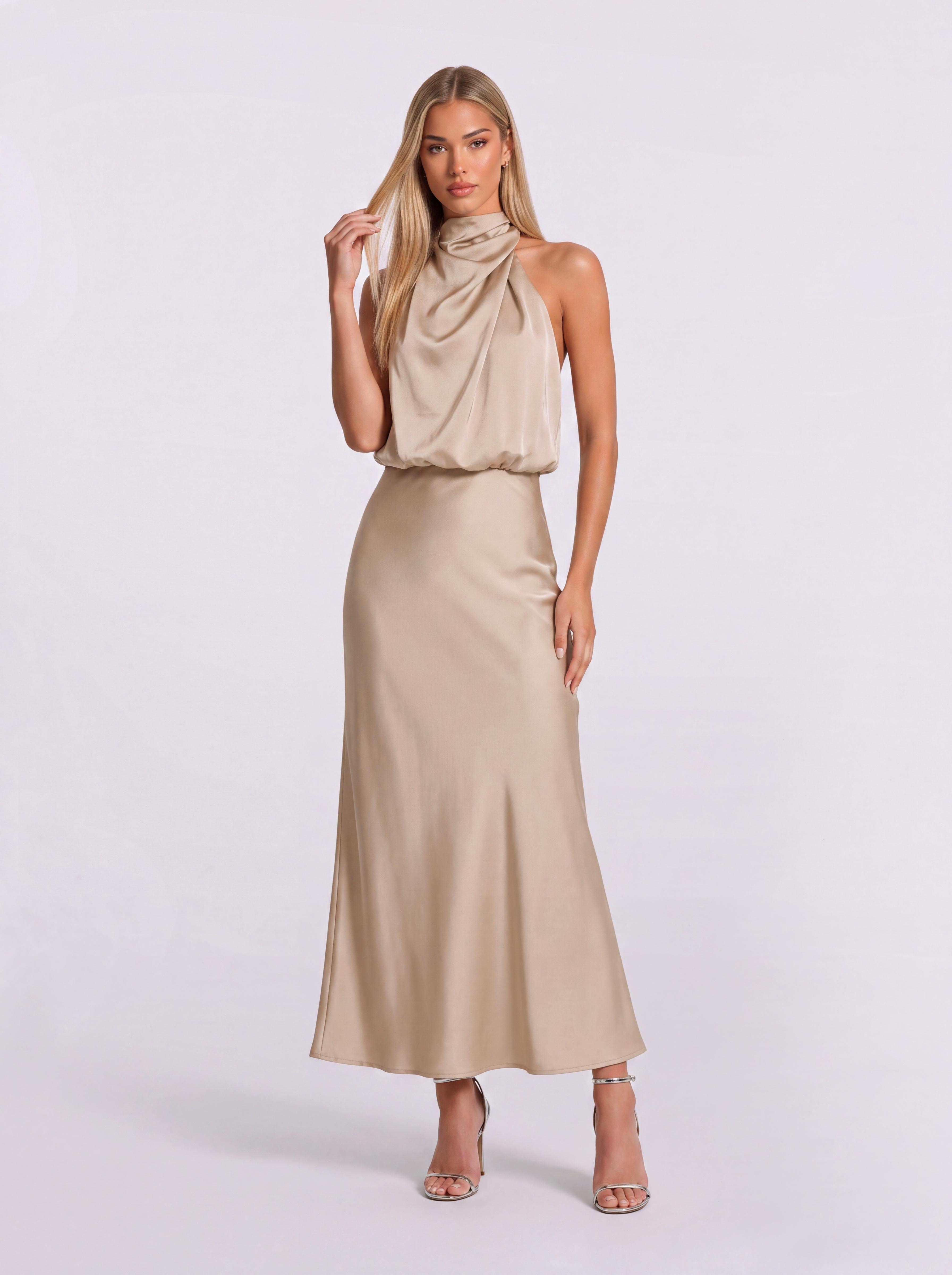 Slim-Fit Fishtail Mid-Length Neck Satin Dress