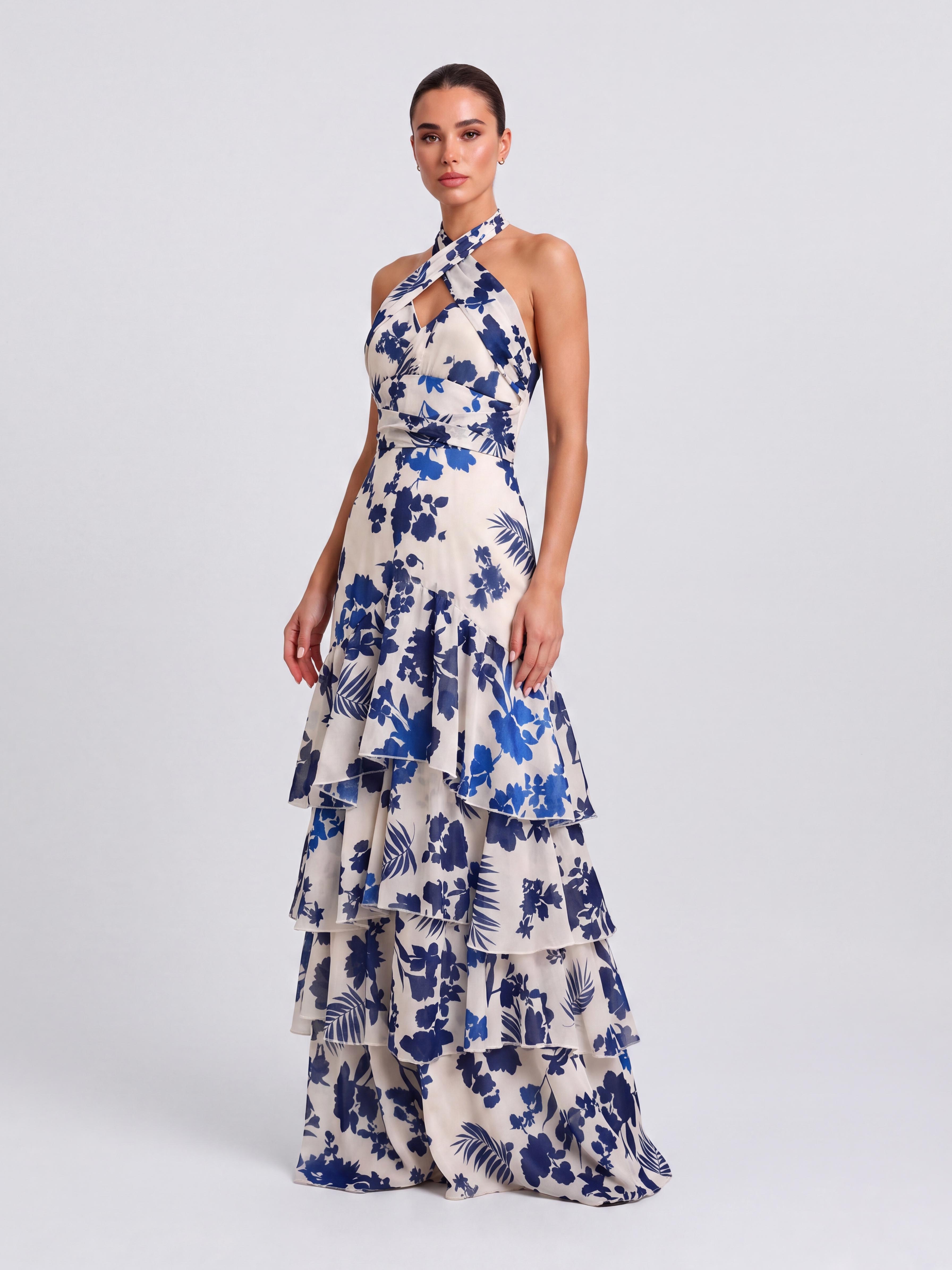Cross-neck Blue And White Porcelain Printed Tie-waist Multi-layer Ruffled Split Long Dress