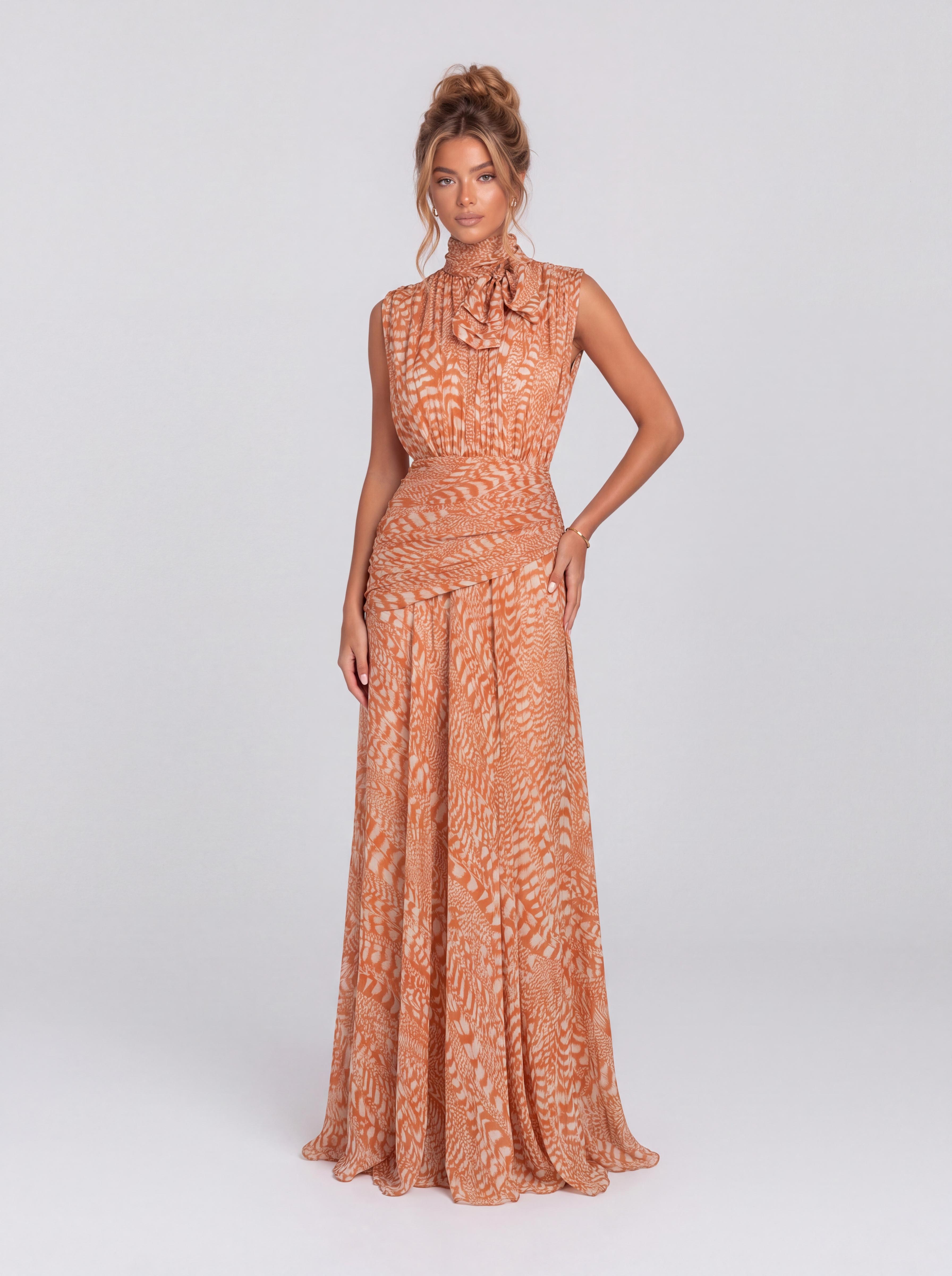 Caramel Textured Strap Lap Collar Sleeveless Tight Waist Pleated Vacation Long Dress