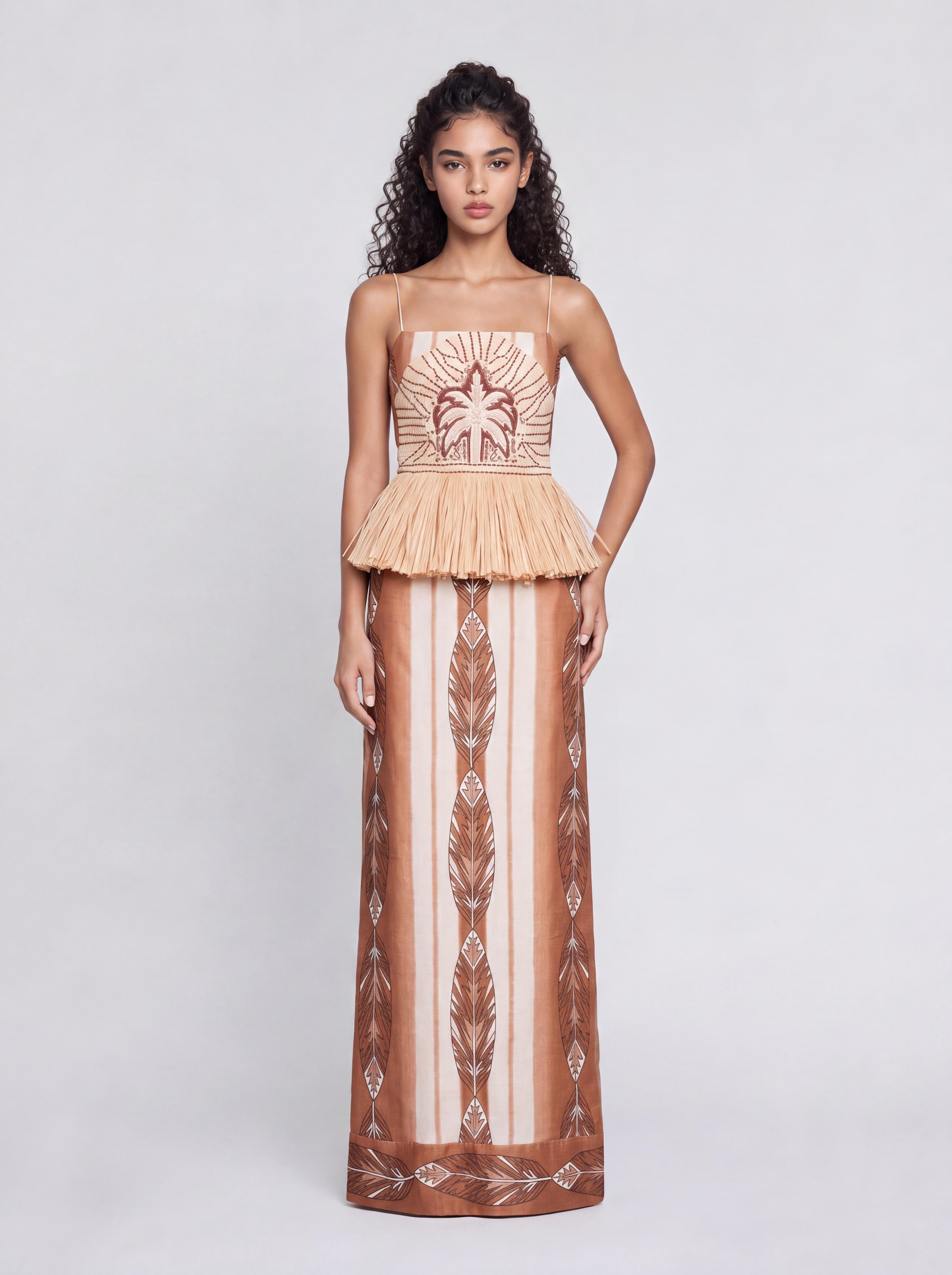 Bohemian Fine Strap Tassel-Patched Palm Feather Print Long Dress