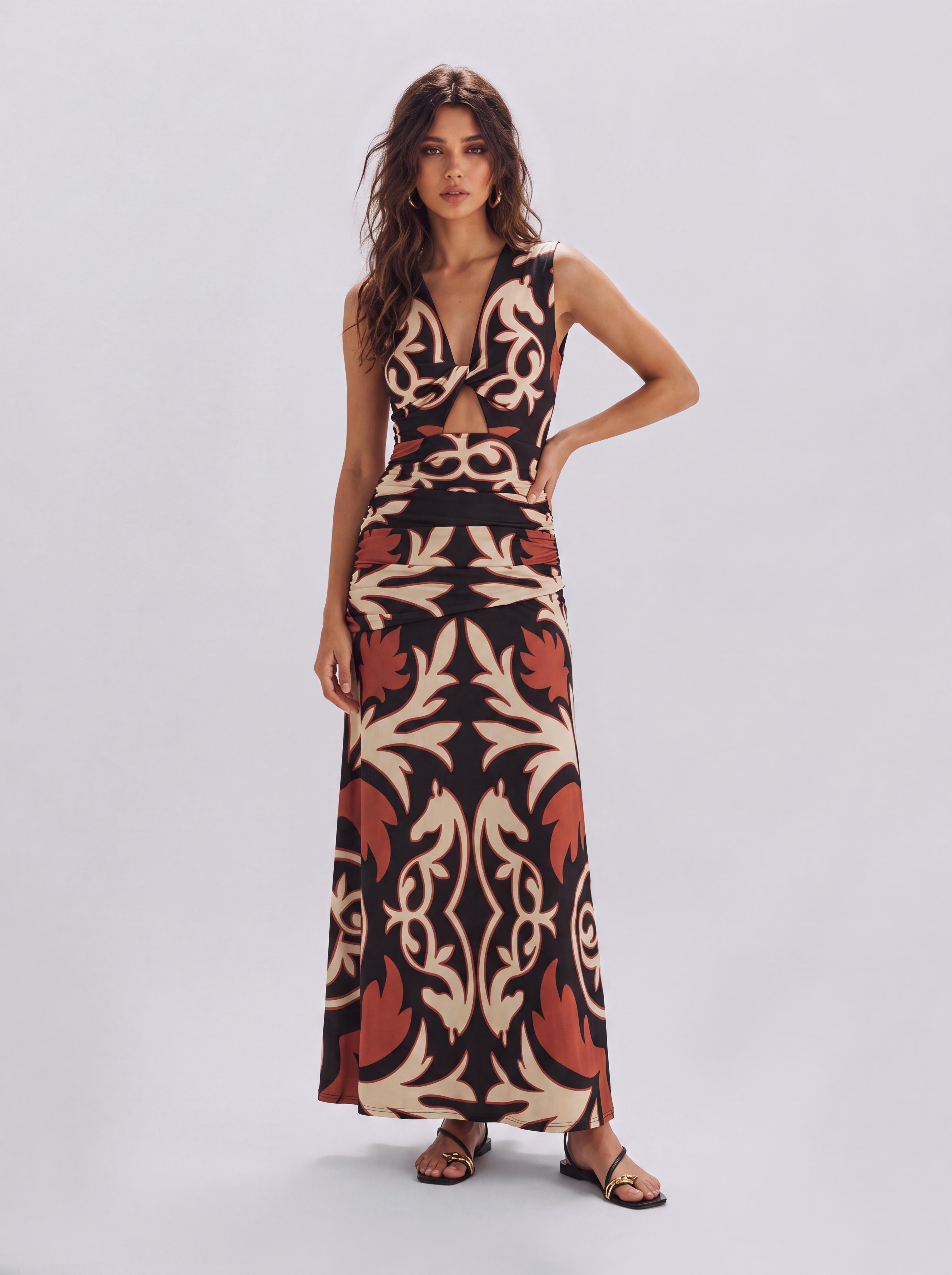 Vintage Horse Pattern Kink Deep V Sleeveless Cut-Waist Drape Slim-Fit Long Dress