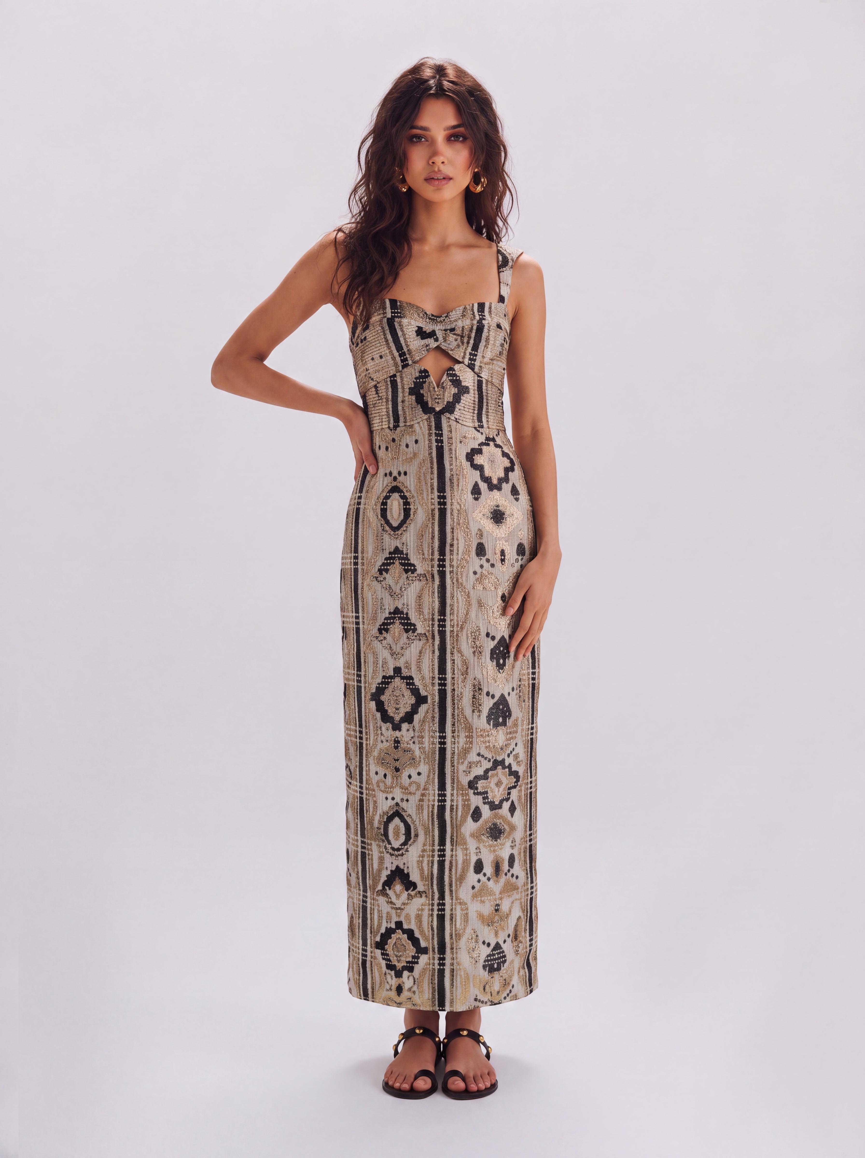 Bohemian Jacquard Square-Collar Cutout Tight Waist Mid-Length Sling Dress