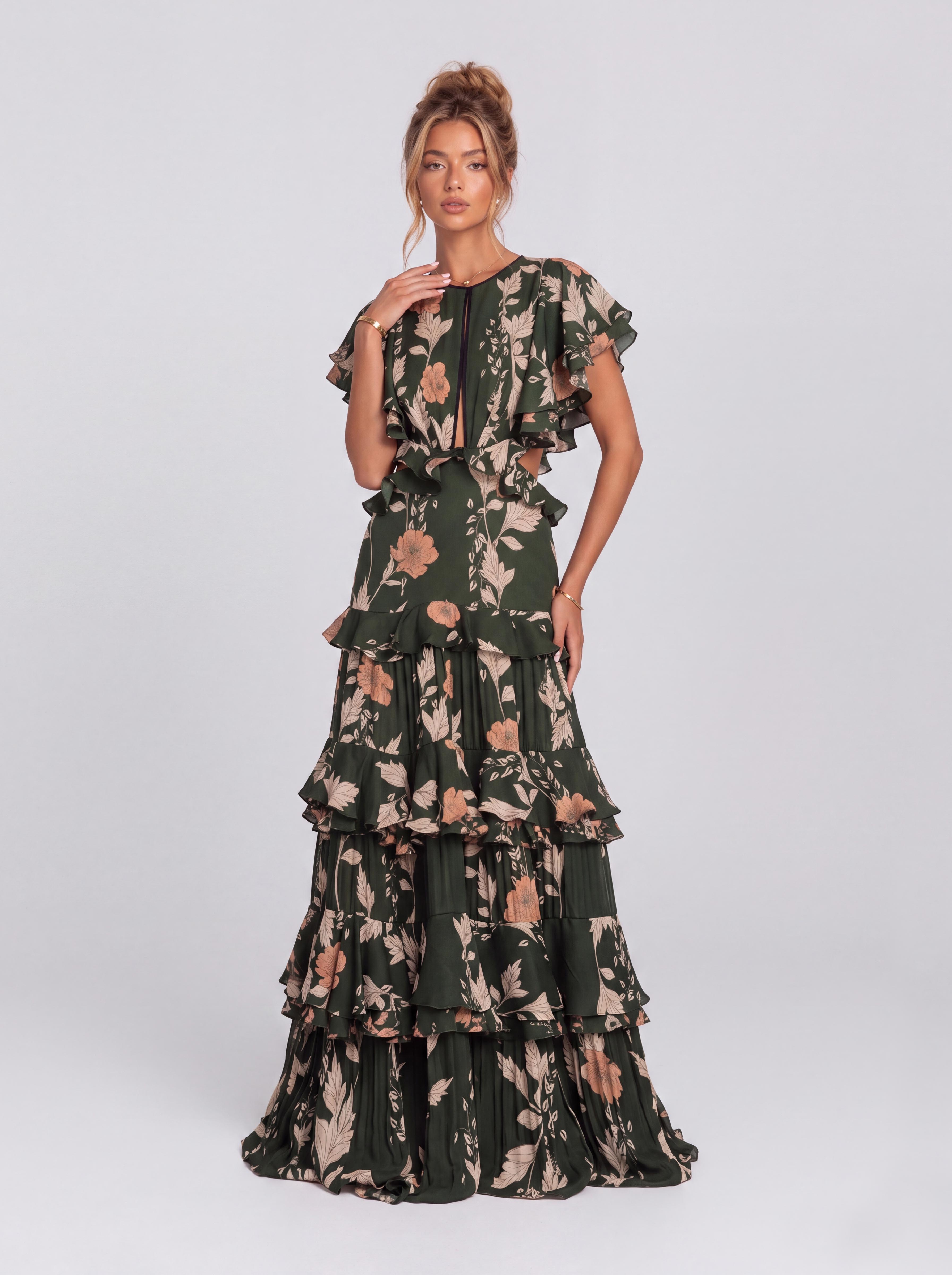 Dark Green Floral Ruffled Waist Layered Long Holiday Dress