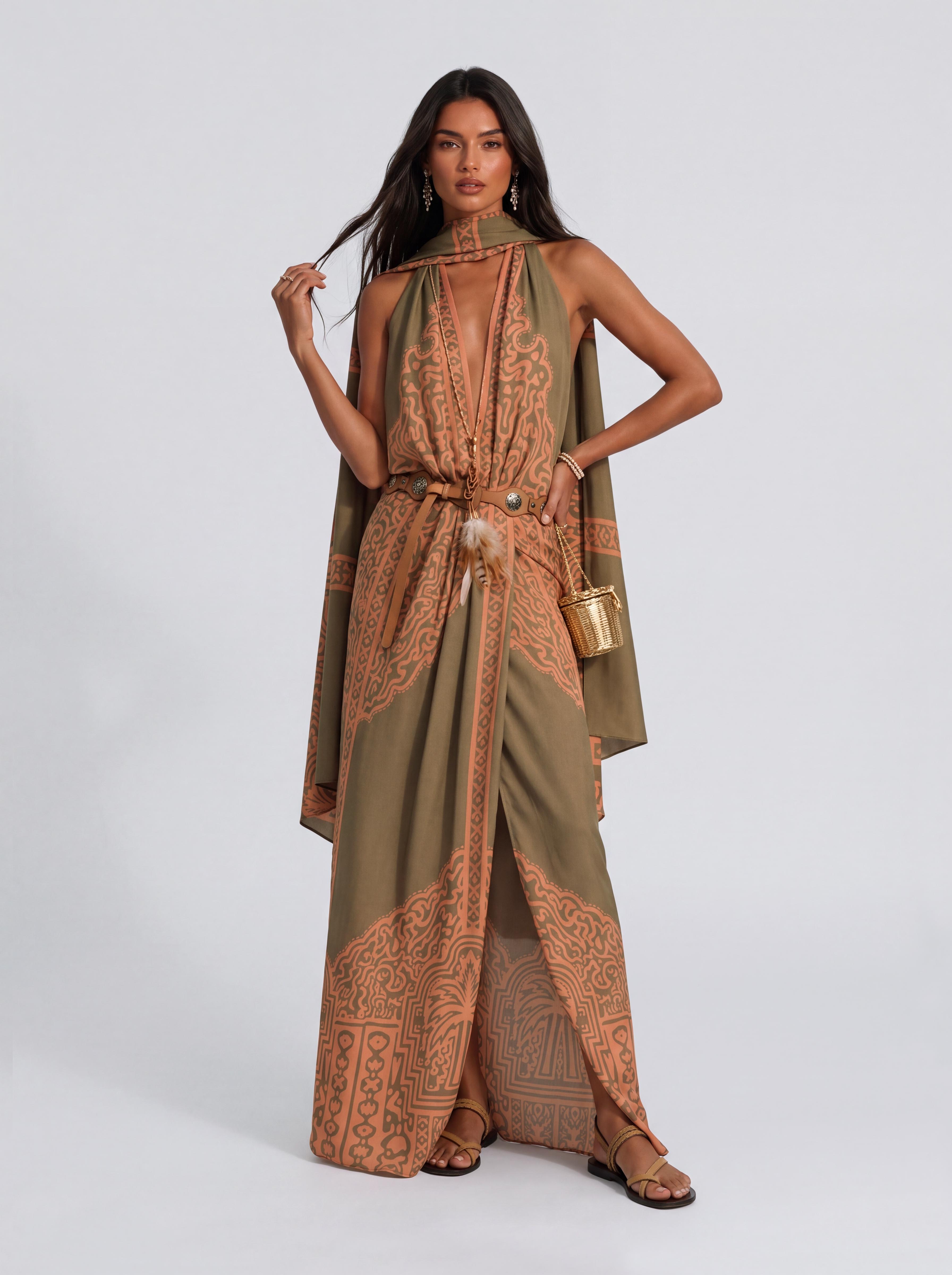 Vintage Ethnic Print Long Dress With Deep V-Shed Neck