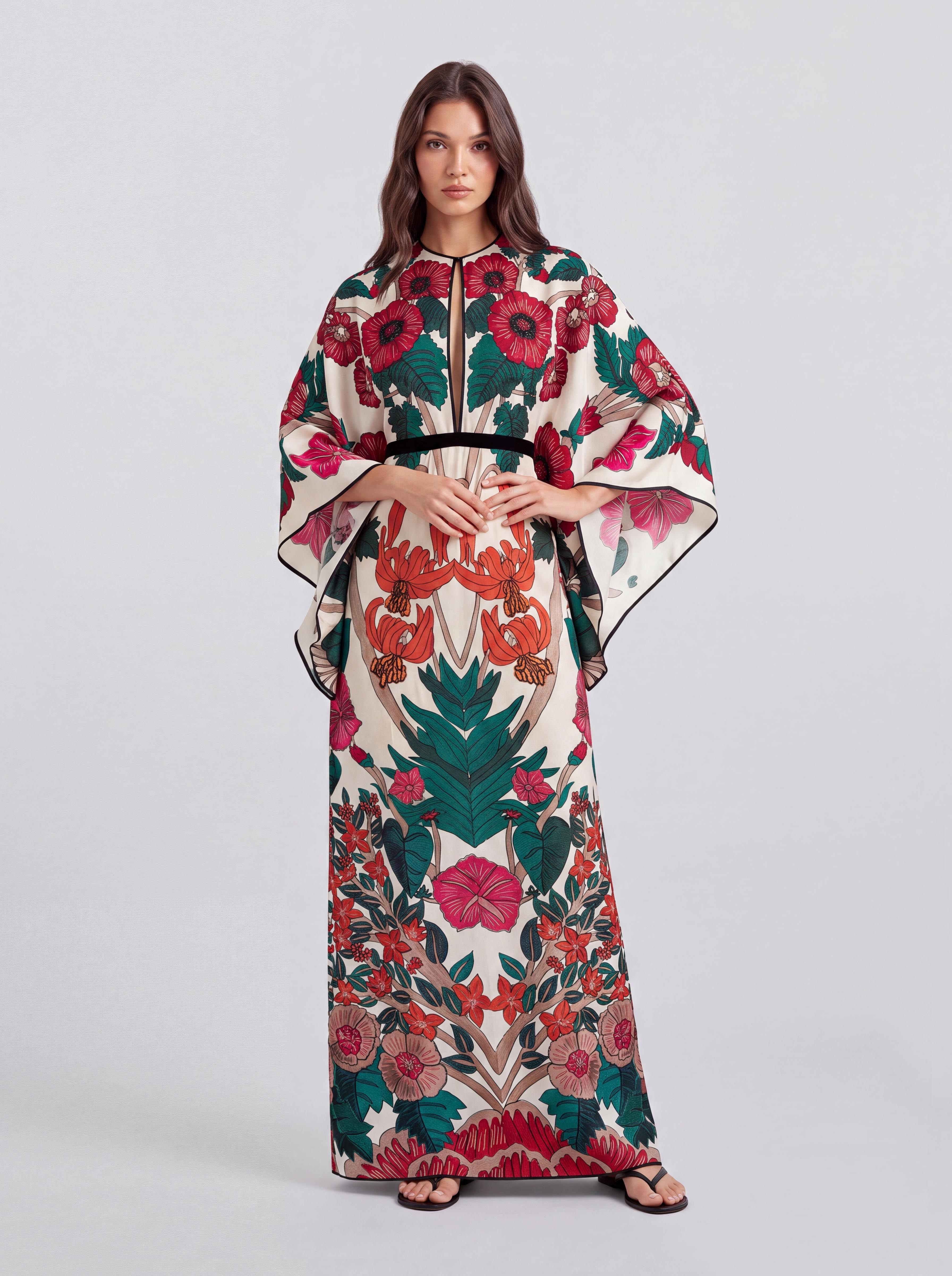 Vintage Large Floral Print Trumpet Sleeve Tight Waist Long Vacation Dress