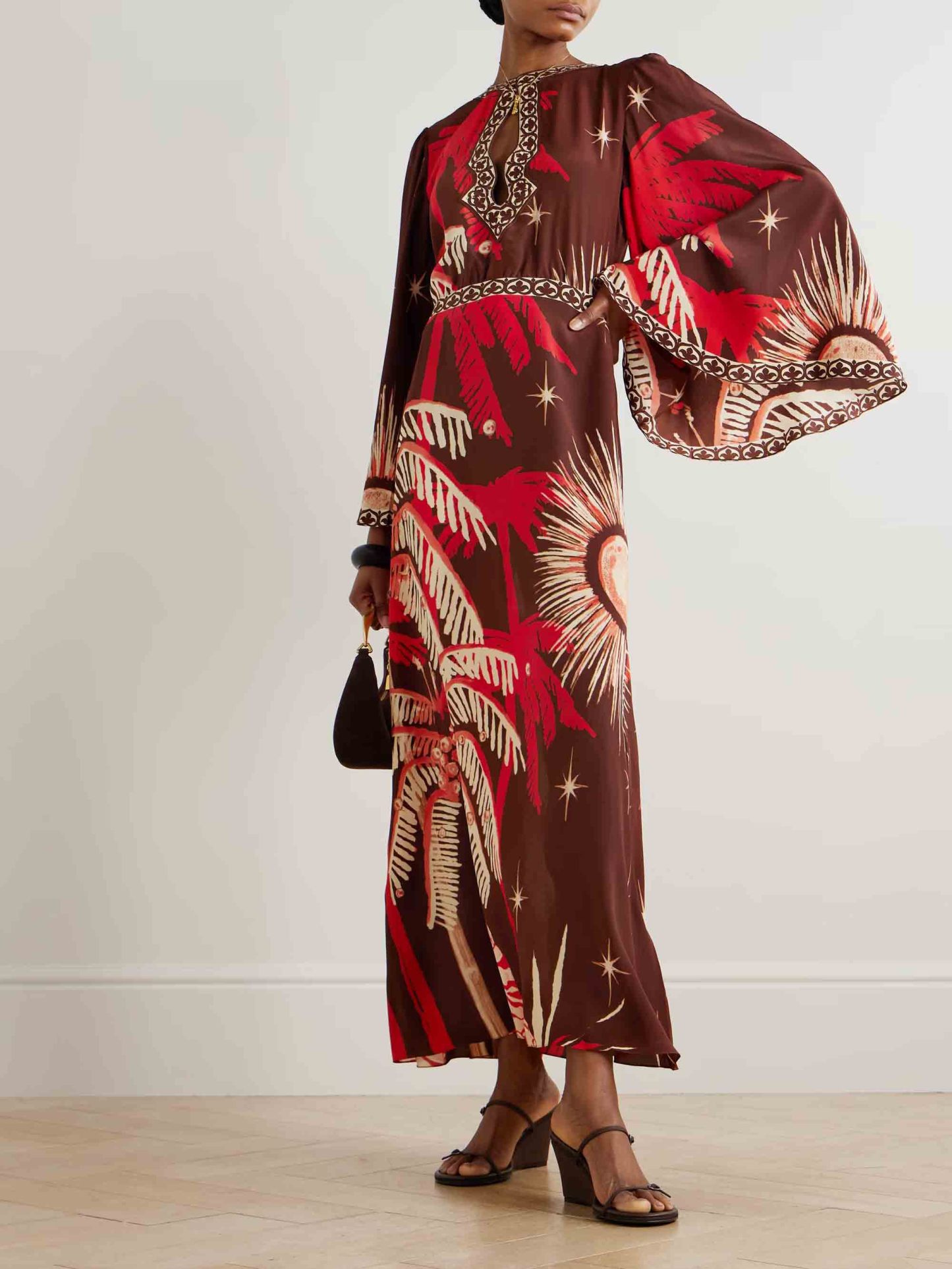 Retro Palm Tree Print Flowing Maxi Dress