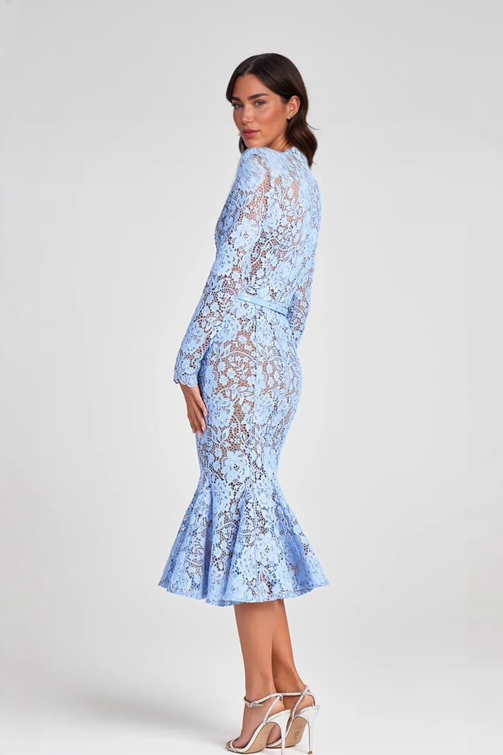 Elegant Lace Belted Long Sleeve Mermaid Midi Dress