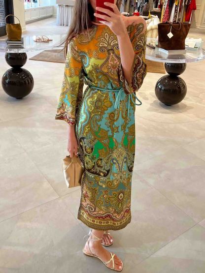 Unique Paisley Print Long Sleeve Maxi Dress