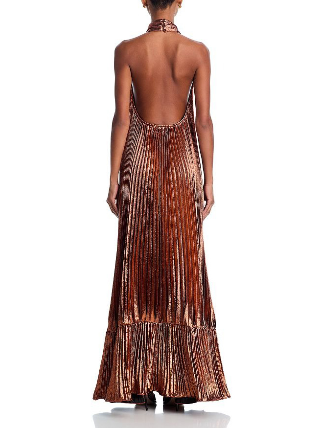 Elegant Metallic Pleated Halter Keyhole Maxi Dress