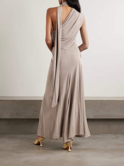 Exquisite One-Shoulder Ruched Draped Maxi Dress