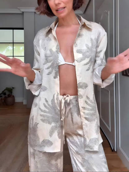 Summer Unique Palm Leaf Print Loose Button-Down Oversized Shirt