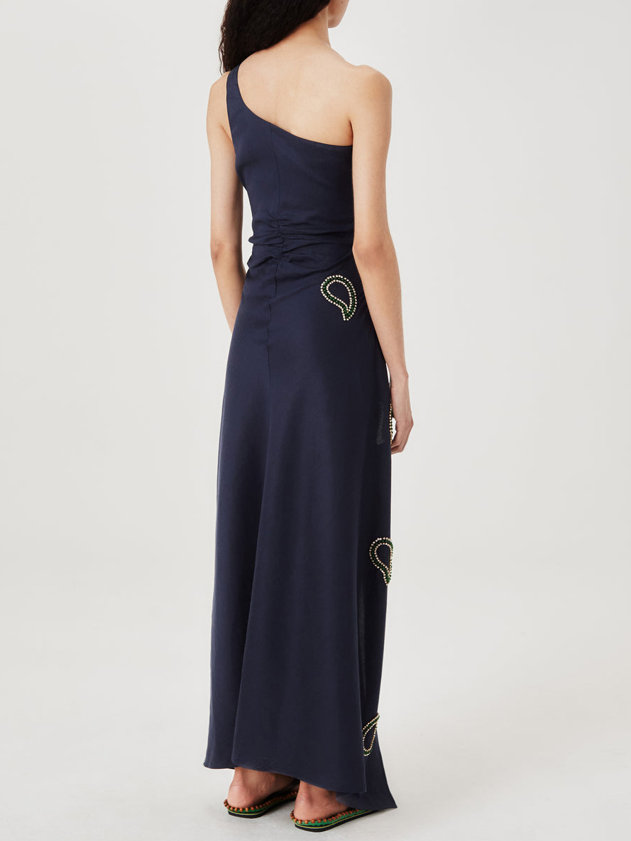 Paisley One-Shoulder Cutout Slit Maxi Dress